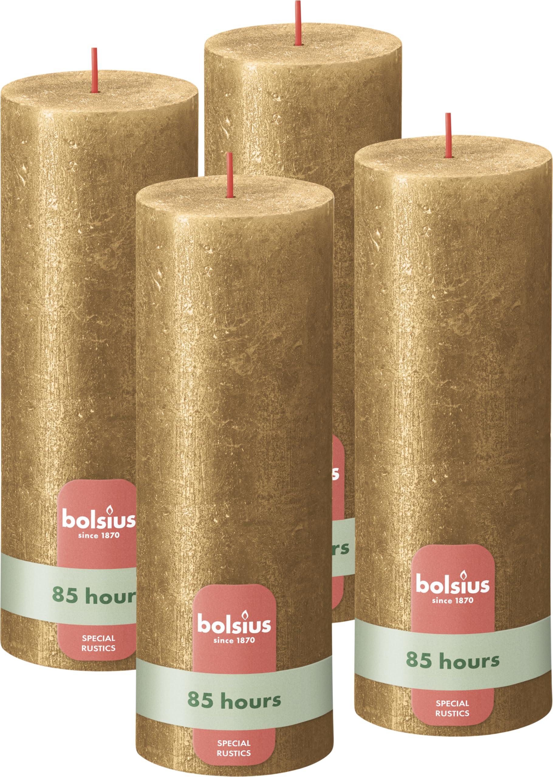 Bolsius - Vela rústica brillante de pilar - Oro - 19 cm - Paquete de 4 - No gotea - Velas perfumadas - 85 horas