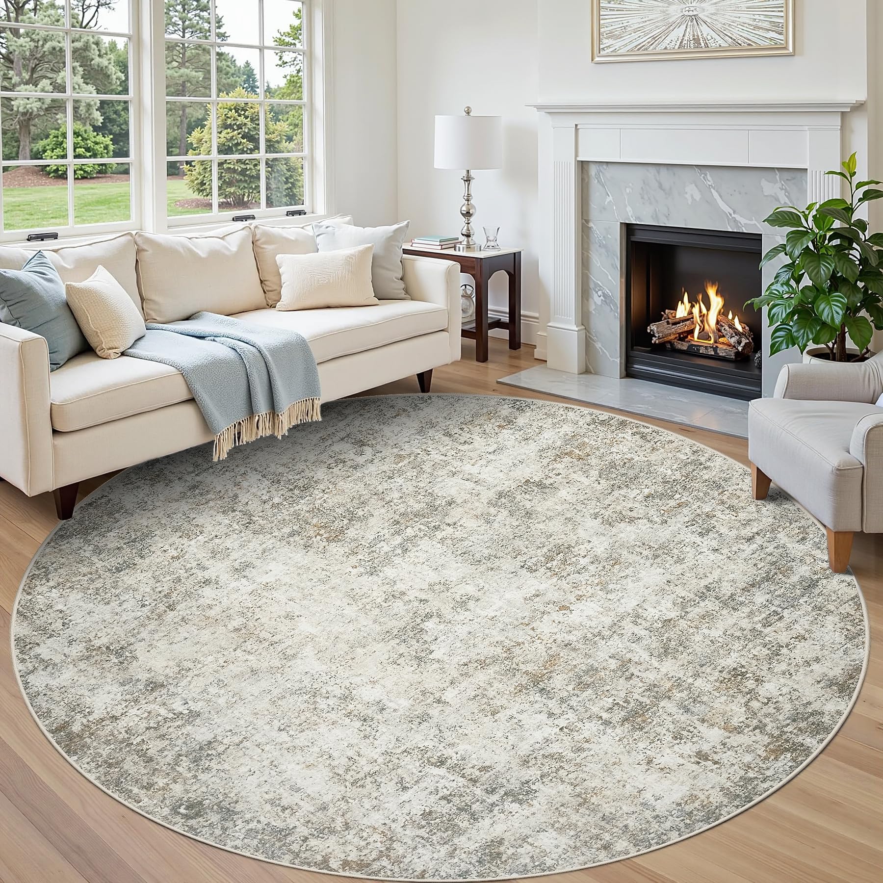 Aelenmu Round Rug 8ft Washable Rug for Dining Room Living Room Beige Brown — image 1
