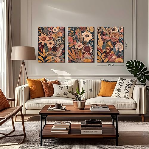 Miniatura 3 de 3 piezas de arte de pared en lienzo bohemio moderno de mediados de siglo, cuadros bohemios naranjas, pinturas florales botánicas bohemias,