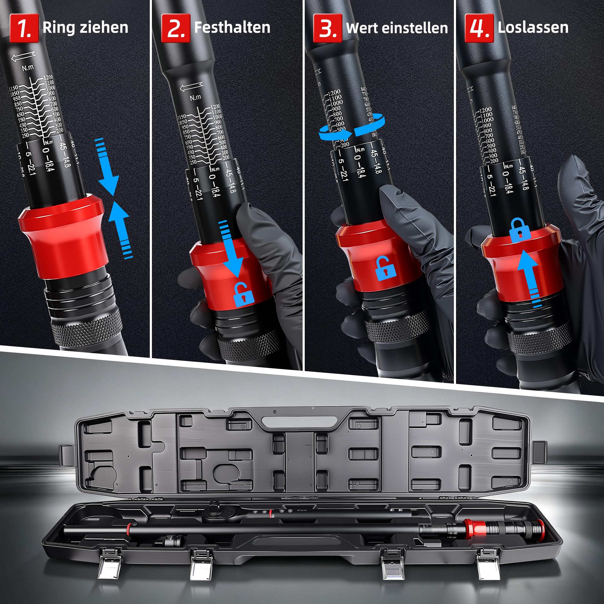 3/4" Drehmomentschlüssel 200-1200Nm für Auto,LKW,Traktor | ±3% Fehlergenauigkeit,48 Zähne Wende Ratschenkopf,mit 5° Rückholwinkel,Doppelskala,Tragbare Aufbewahrungsbox