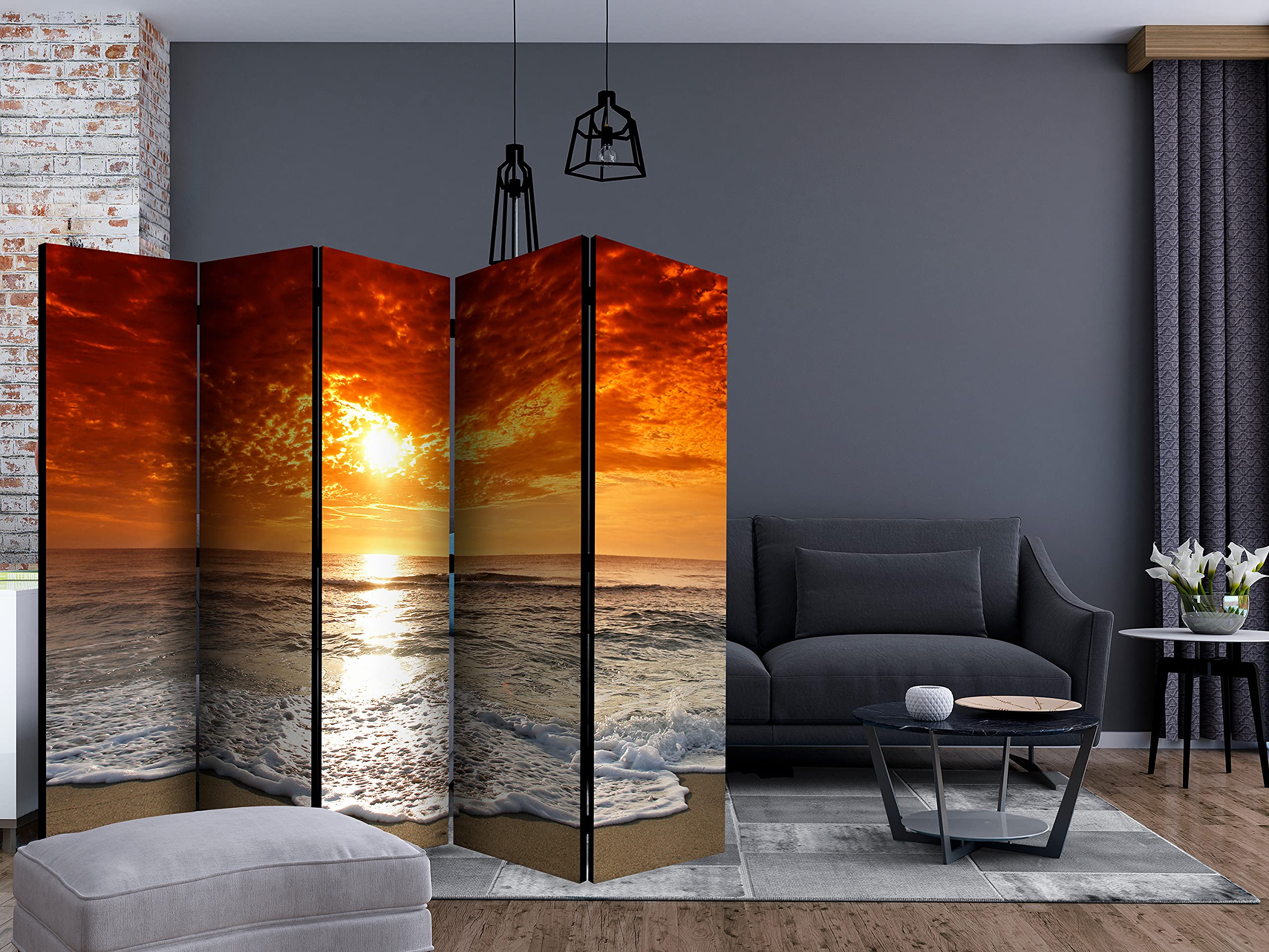 decomonkey Paravent décoratif intérieur Paysage Orange Gris 225x172 cm | Cloison de séparation imprimée sur Toile, Paravent en Bois, deux côtés, Beige Marron Vagues océan Plage Soleil Coucher de