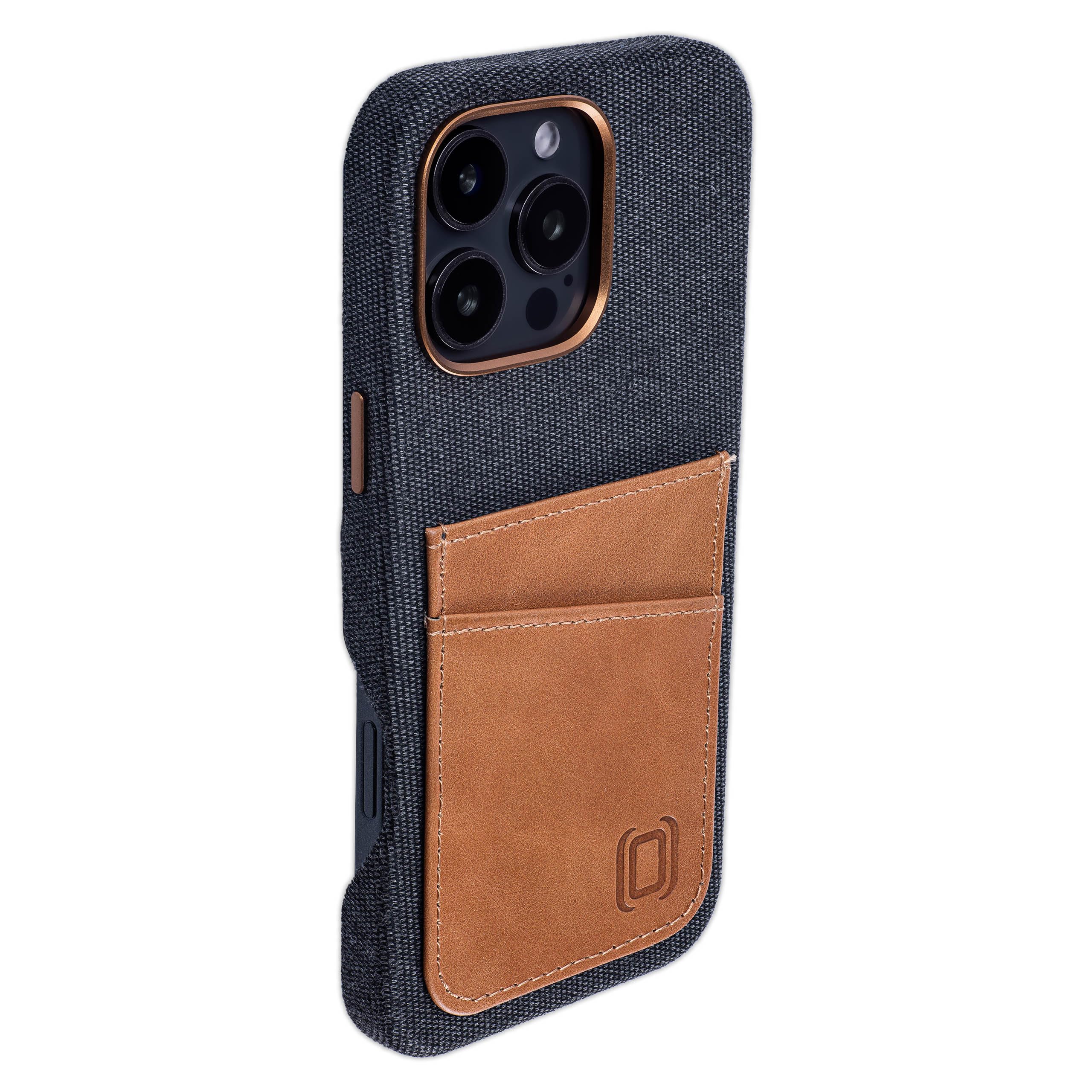 Dockem Custodia Portacarte in Tessuto per iPhone 16 Pro Max con Piastra Metallica Integrata per Montaggio Magnetico, Portafoglio in Vera Pelle con 2 Slot per Carte: M2F [Grigio e Marrone Chiaro]