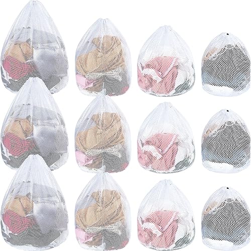 12 bolsas de malla de estilo fino con cordón, bolsas de malla blanca resistentes, lavables a máquina, ideales para delicadas, dormitorio