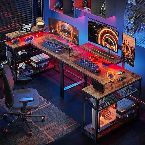 Miniatura 43 de Bestier Escritorio en forma de L de 58 L con tomas de corriente, escritorio esquinero para oficina en casa con estantes reversibles y luces LED,