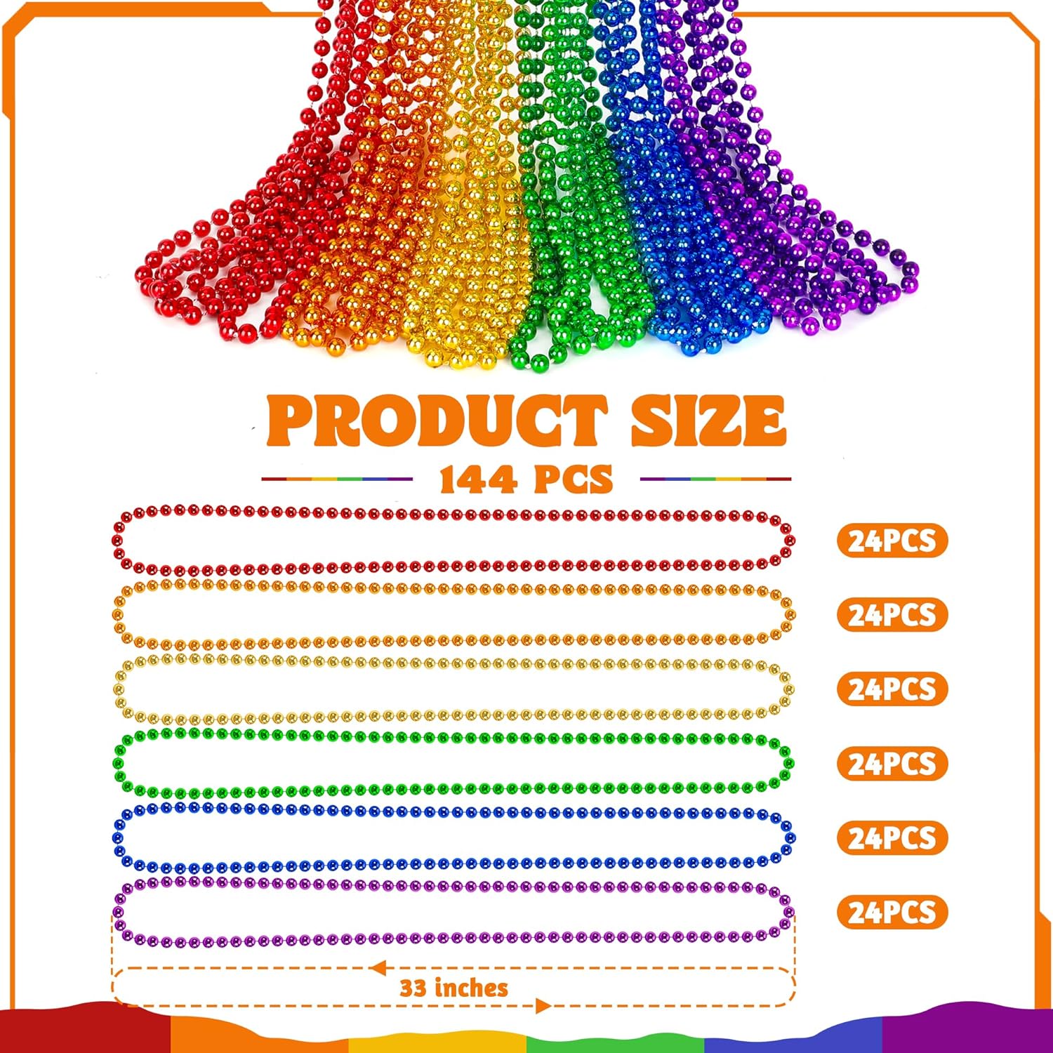 144 PCS Pride Beads Necklaces Bulk, 33" LGBT Bead Necklaces, Rainbow Beaded, Pride Month Parade Accessories Set in 6 Colors Beads Stuff for Gay Lesbian Party Supplies Favors Decorations