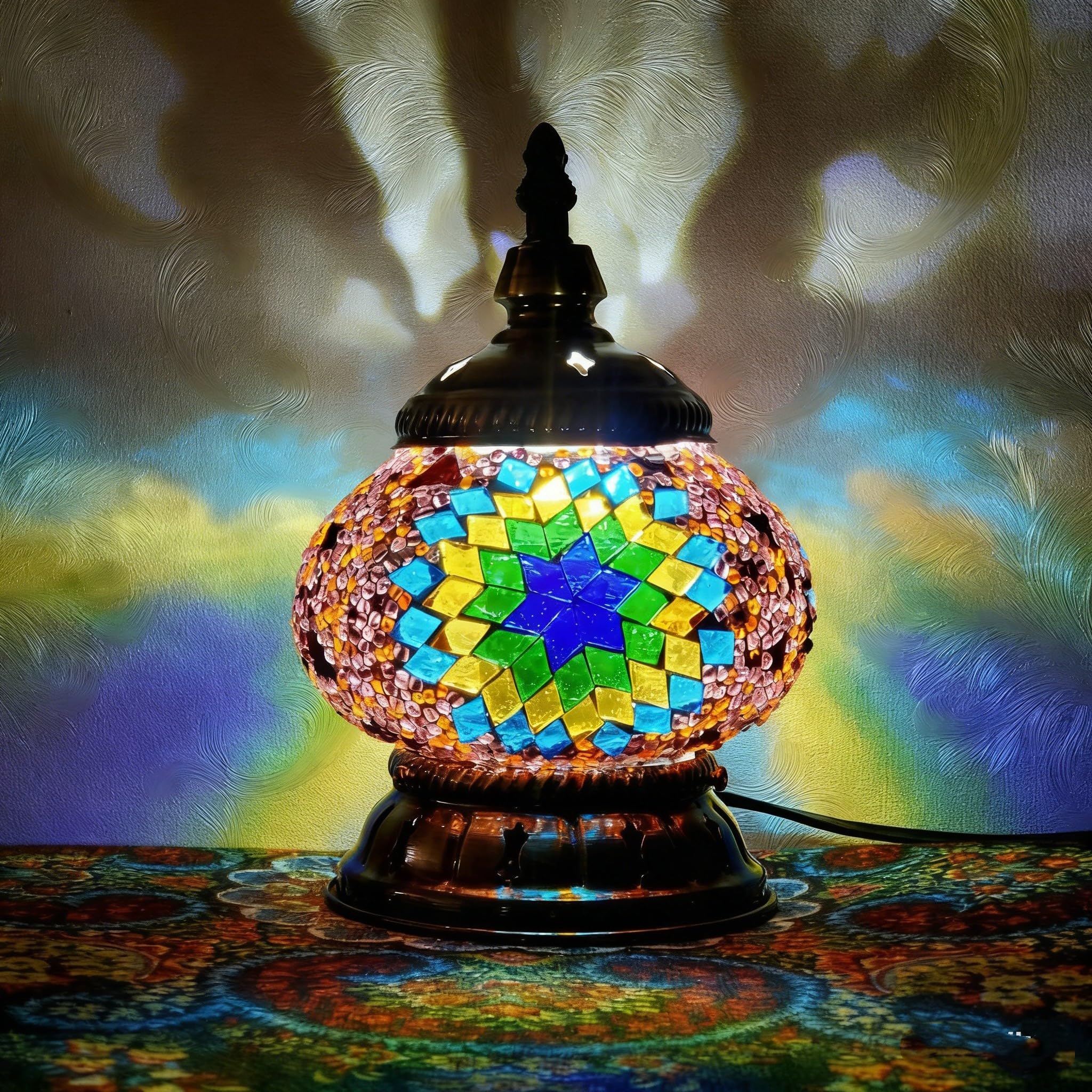 Maimeili Turkish Exotic Mosaic Table Lamp with Handmade Moroccan-Style Decorative Glass Retro Lamp Shade with USB Decorative Desk Lights Bedside Lights for Bedroom
