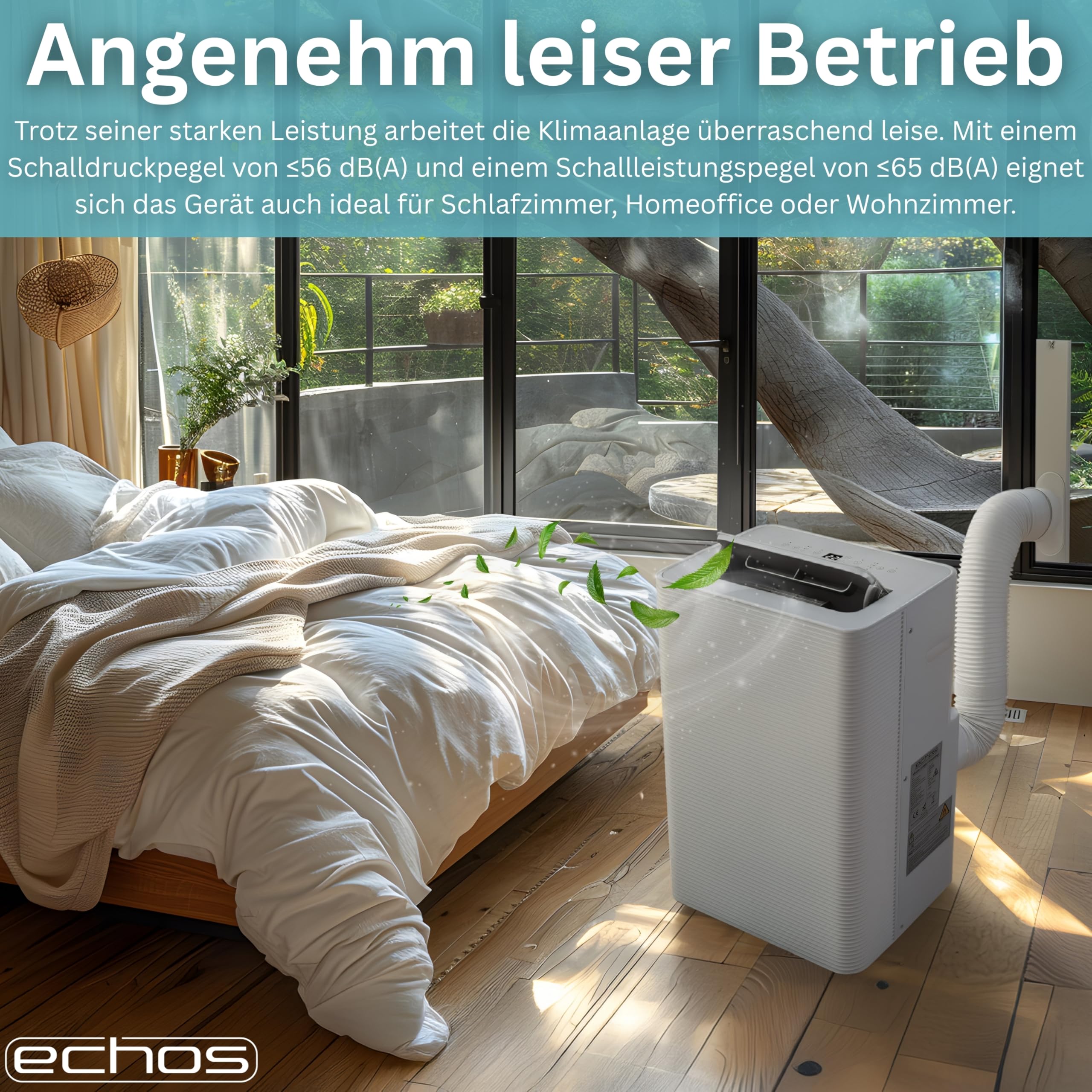Echos® Mobile Klimaanlage 12.000 BTU mit Abluftschlauch WiFi & Fensterabdichtung Mobiles Klimagerät Leise ≤56dB App/WLAN Steuerung Fernbedienung 24h Timer 3in1 Luftkühler, Luftentfeuchter & Ventilator - 2