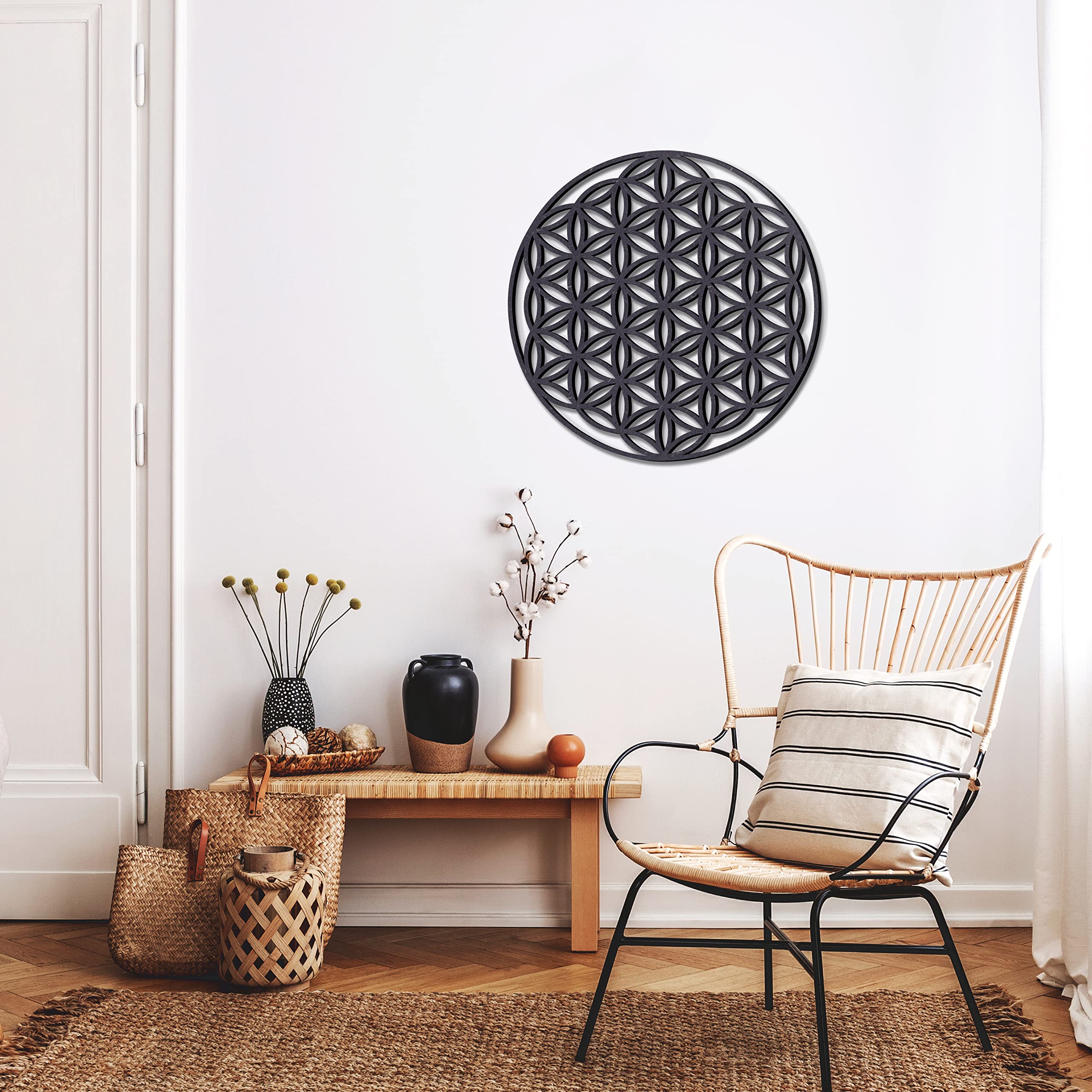 KUINEA® Wandbild Blume des Lebens Ø42cm – Runde Holz Wanddeko in Anthrazit für Wohnzimmer, Schlafzimmer, Büro | Design-Deko als Geschenkidee mit Lebensblume Motiv