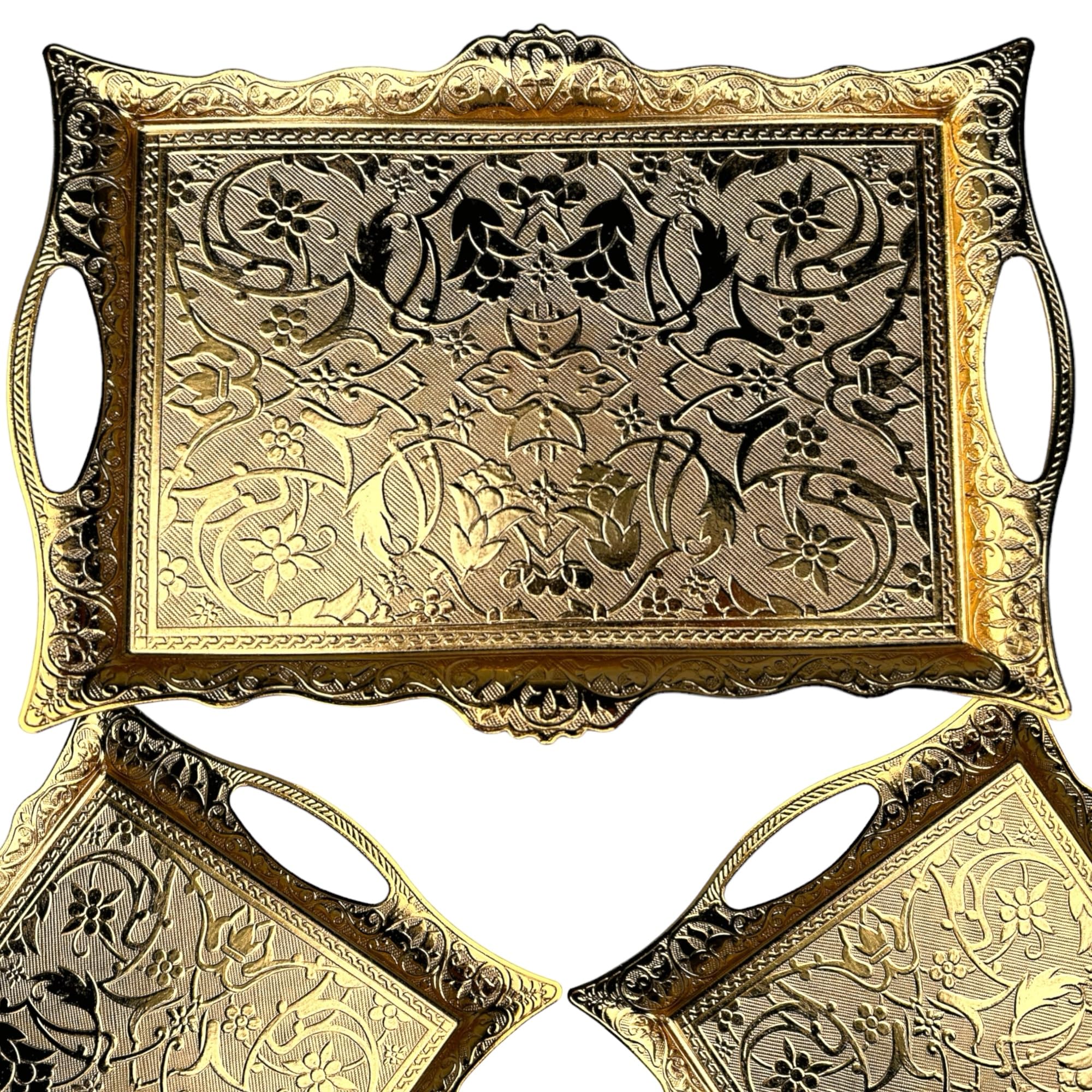 Park & Oz Gold Turkish Vintage Style Entertaining Tray - 14.6'' X 9.8'' | Multi-Purpose, Non-Tarnishing, Zamak Alloy, Decorative Ottoman Style - Rectangular Serving Tray For Coffee & Beverages (Gold)