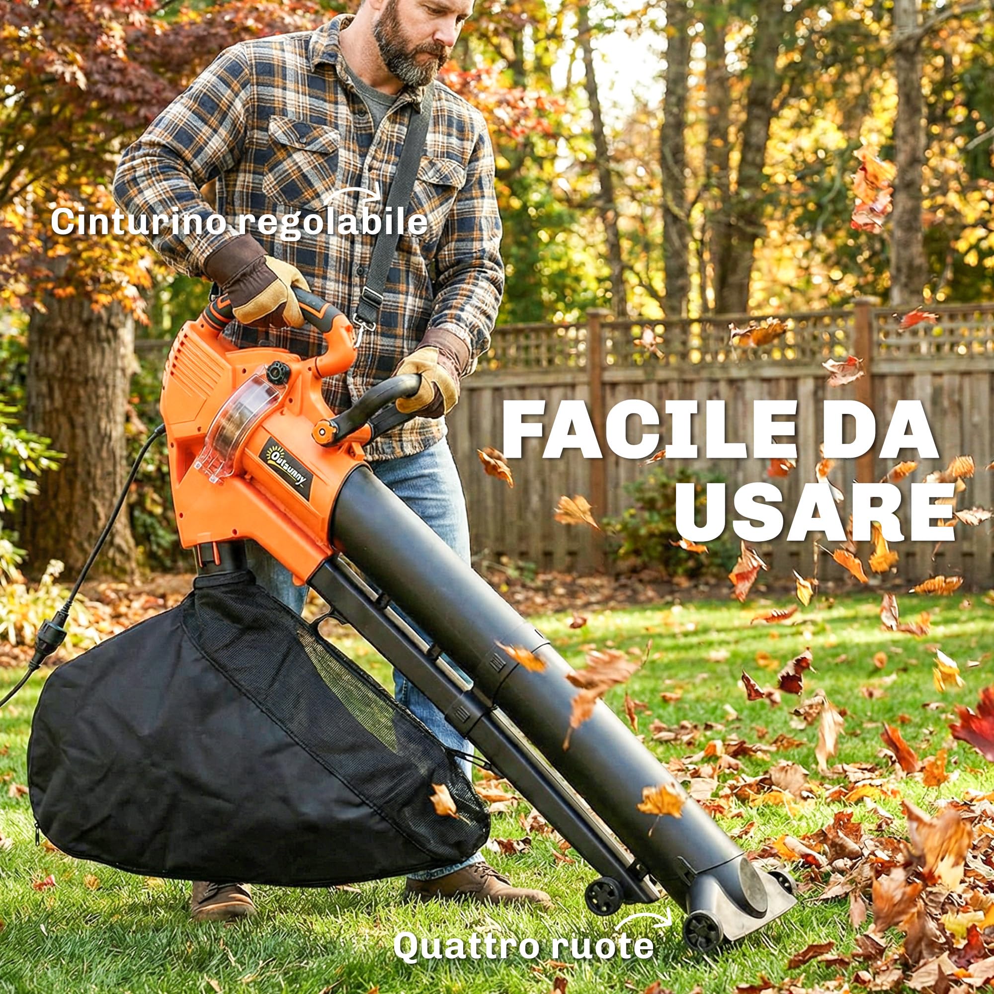 Outsunny Soffiatore e Aspiratore per Foglie 3-in-1 da 3000W con Trituratore, Sacco da 40L, 4 Ruote, Tracolla Regolabile, per Prati Vialetti e Terrazzi