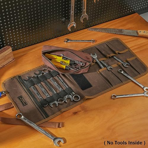 Miniatura 6 de Bolsa de lona encerada de 16 onzas, bolsa de almacenamiento de herramientas resistente con 7 ranuras para herramientas y 1 bolsa extraíble,