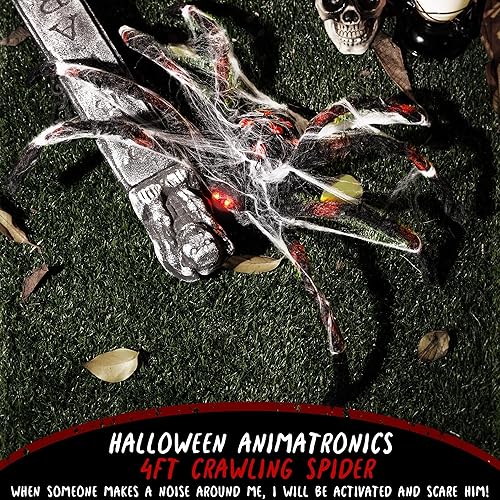 Miniatura 6 de Decoración de araña animatrónica de Halloween de 4 pies, araña animada para caminar de 48 pulgadas con sonido y luz activada, movimiento aterrador