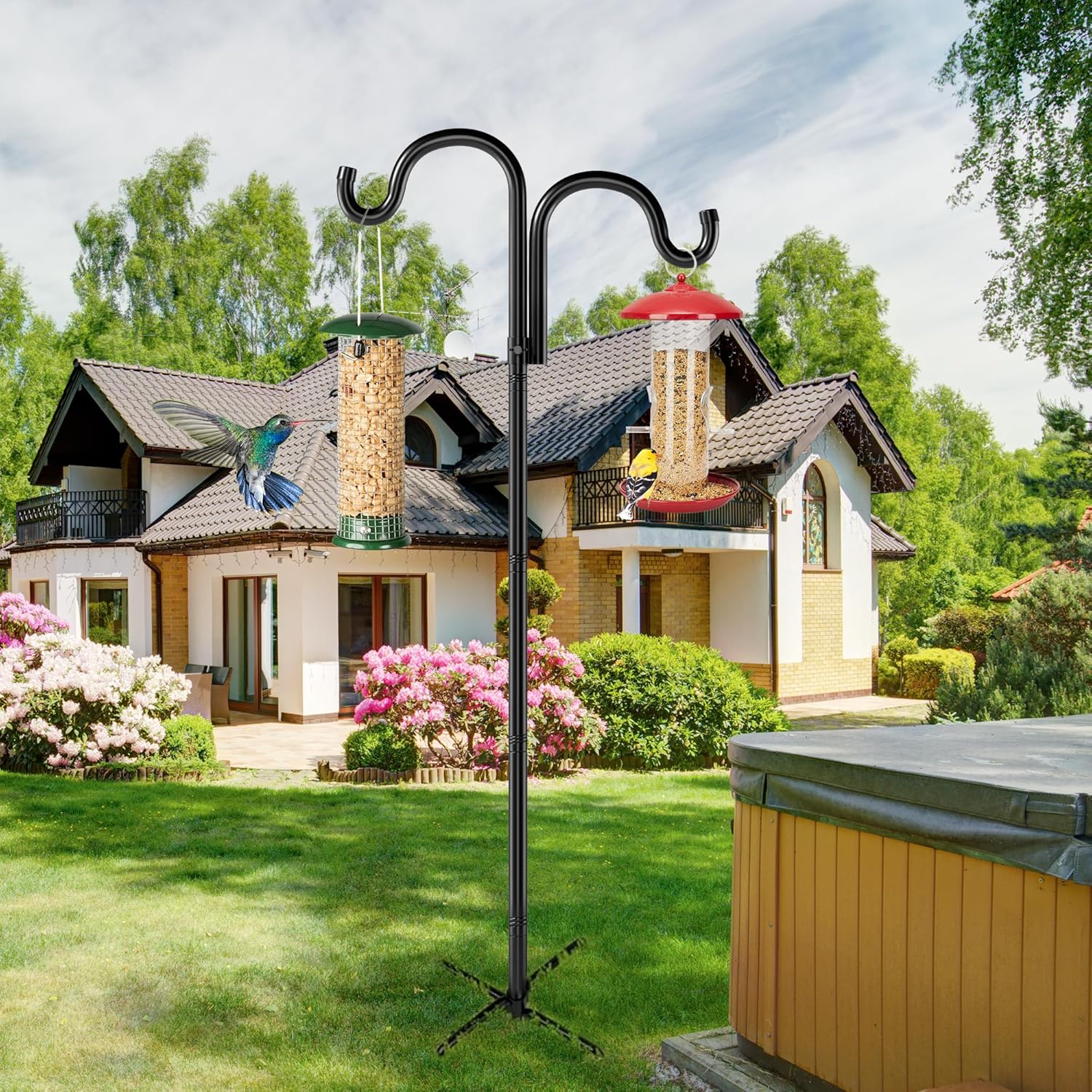 Double Shepherds Hooks for Outdoor, 92" Heavy Duty Bird Feeder Pole with 5 Prong Base, Adjustable Shepherds Hook for Bird feeders Outside, Garden, Weddings, Hanging Plants, 2 Pack, Black