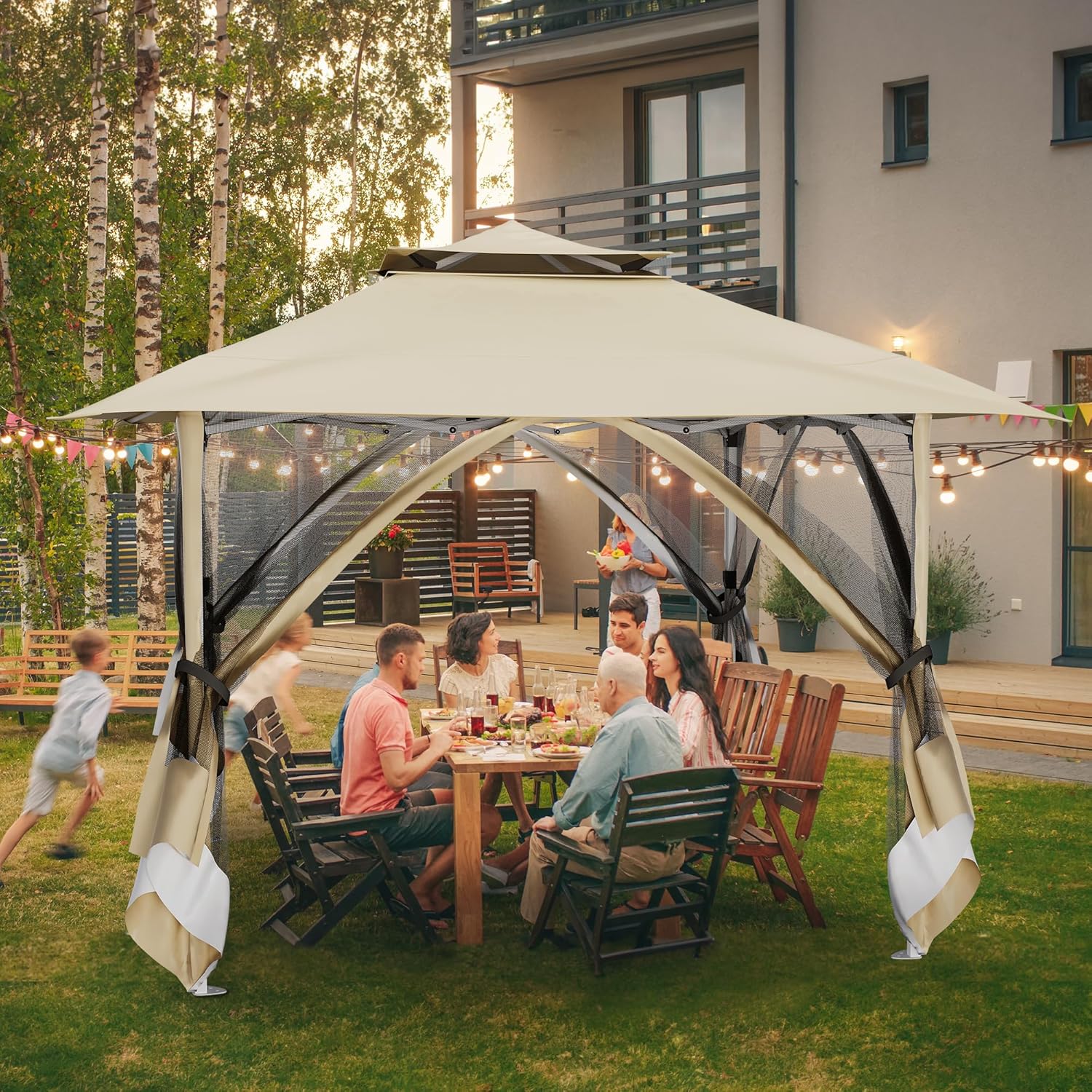 YITAHOME 12x12ft Patio Gazebo Double Roof Pop Up Canopy Outdoor Portable Instant Tent with Netting for Lawn, Garden, Backyard and Deck, Beige