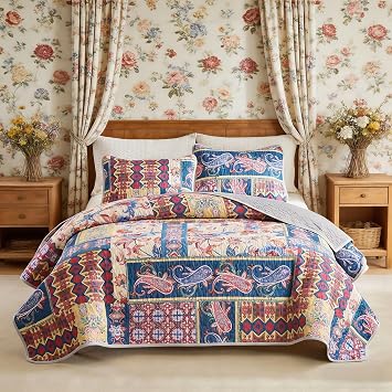 ATMOSURELY Quilts for King Bedding Set Red Blue Bedspreads - Soft Lightweight Breathable Bedspread Comforter - Boho Tribal Paisley Patchwork Coverlet for All Season - 3 Pieces Red Blue, King