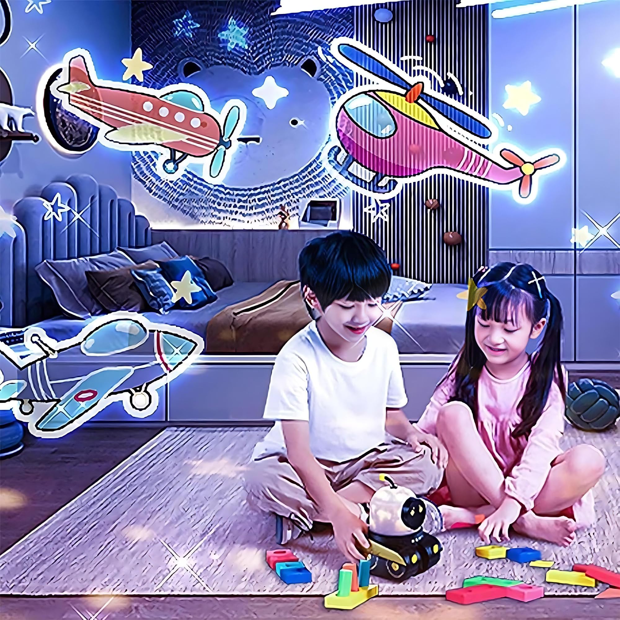 Lámpara de proyector de dibujos animados, luz nocturna recargable de robot con música, proyector LED de cielo estrellado para decoración de habitación de niños, decoración divertida de vacaciones