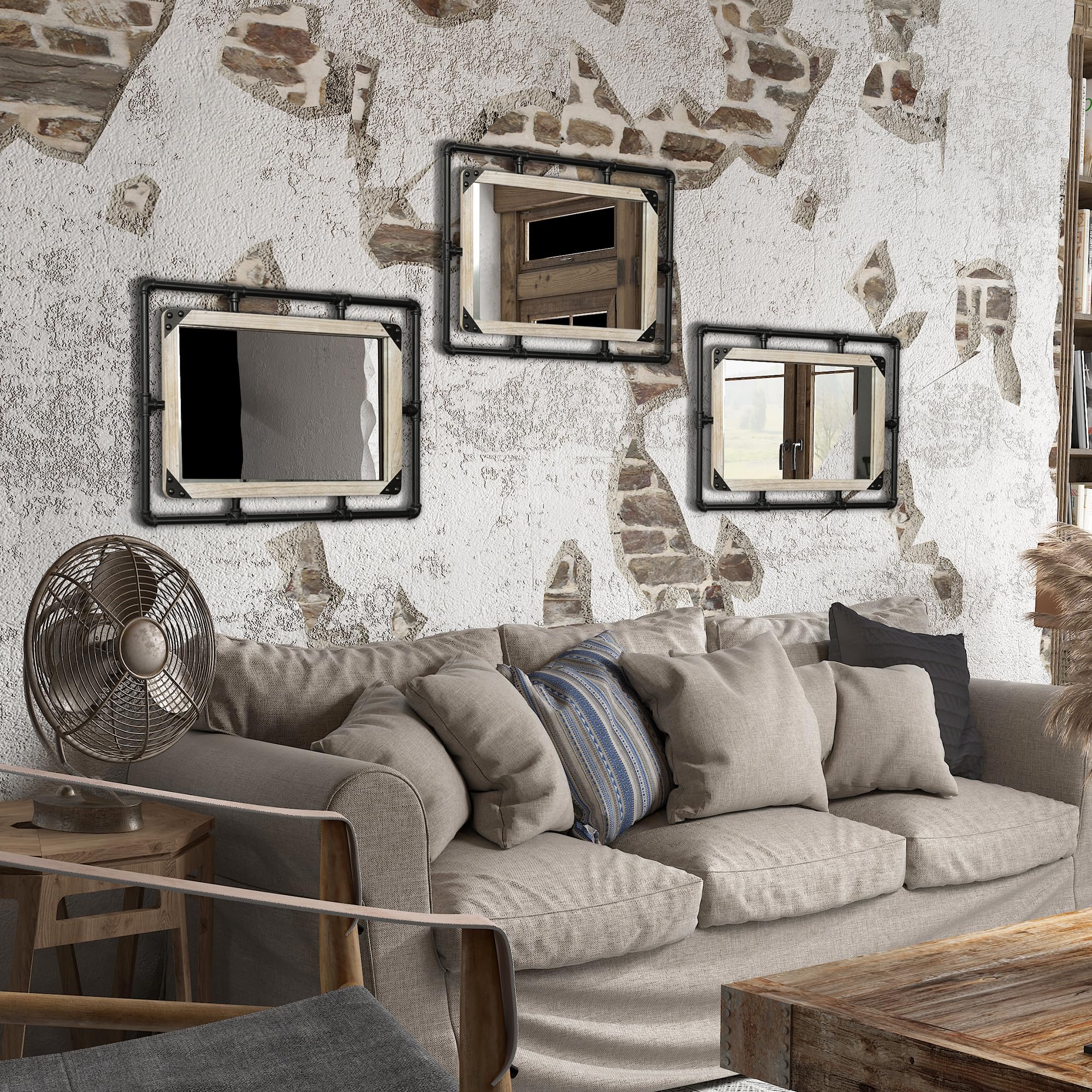 COGOOD Farmhouse Industrial Pipe Mirror - 28 x 20 Rustic Metal Rectangular Decorative Wall Mirror for Bathroom, Living Room, Bedroom, Entrance Mirror, Vertical or Horizontal Hanging(Black)