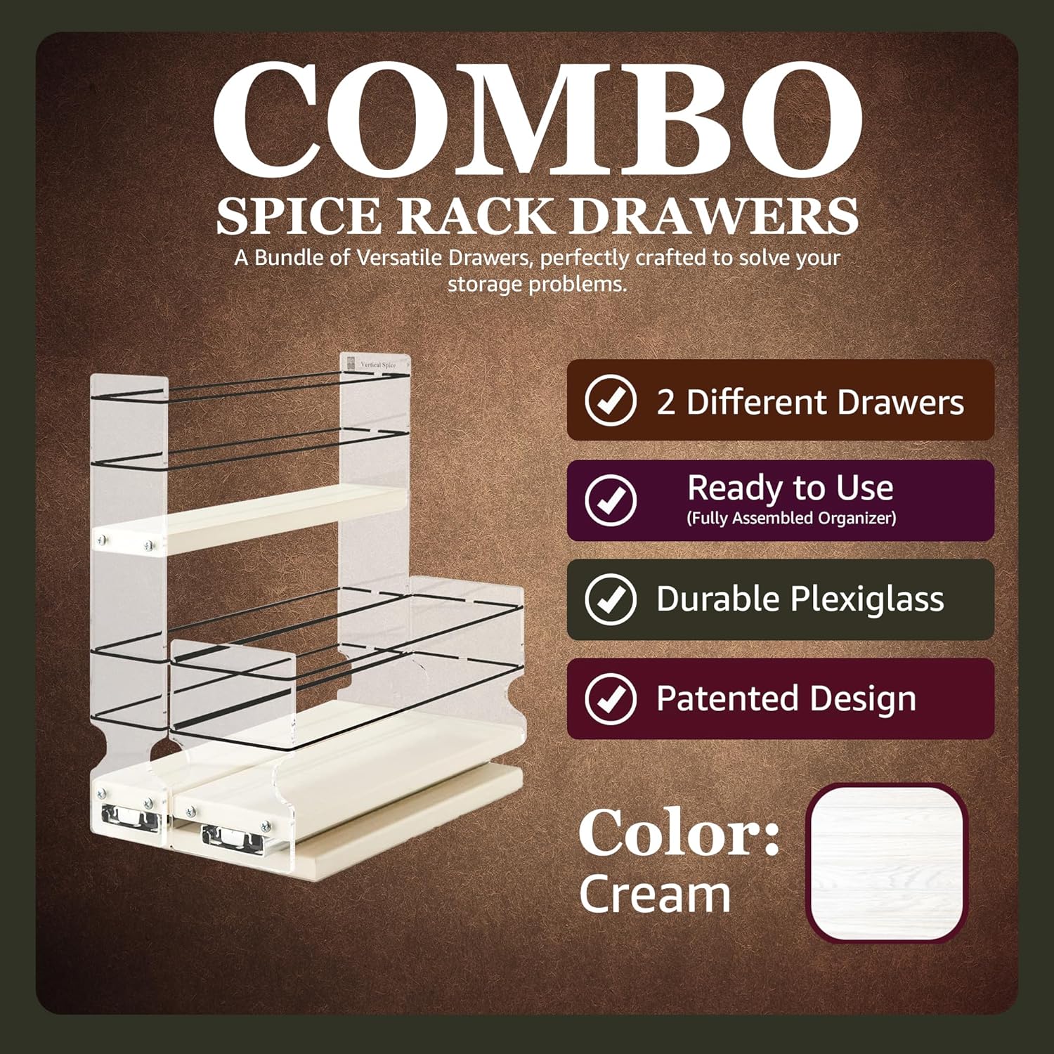 Vertical Spice Combo Spice Rack Drawer - Pull Out Pantry Organizers and Storage - Kitchen Cabinet Organizer - Seasoning Sliding Caddy - Made in USA (5.75" W x 10.75" H x 10.60" D, Assembled)