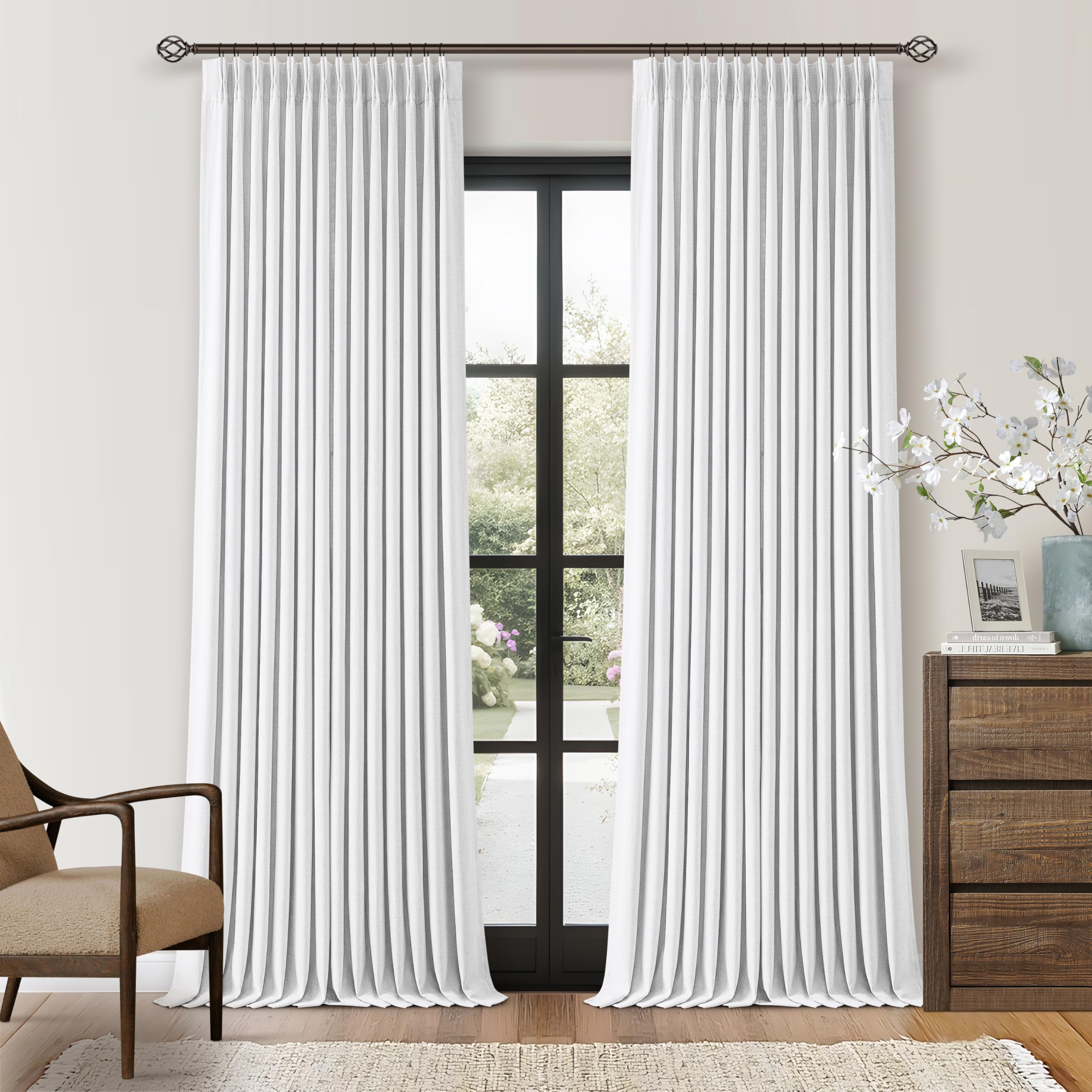 Neutral White Linen Pinch Pleated Blackout Curtains 108 Inches Long for Bedroom Pleated 100% Black Out Drapes with Liner Off White Farmhouse Country Extra Long 108 Inch Curtain for Living Dining Room — image 1