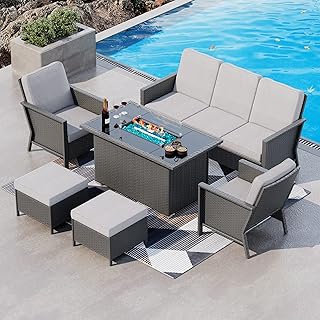 Sponsored Ad - 6 Pieces Outdoor Patio Rattan Furniture Set with 44" Gas Fire Pit Table, PE Wicker Rattan Conversation Chai...