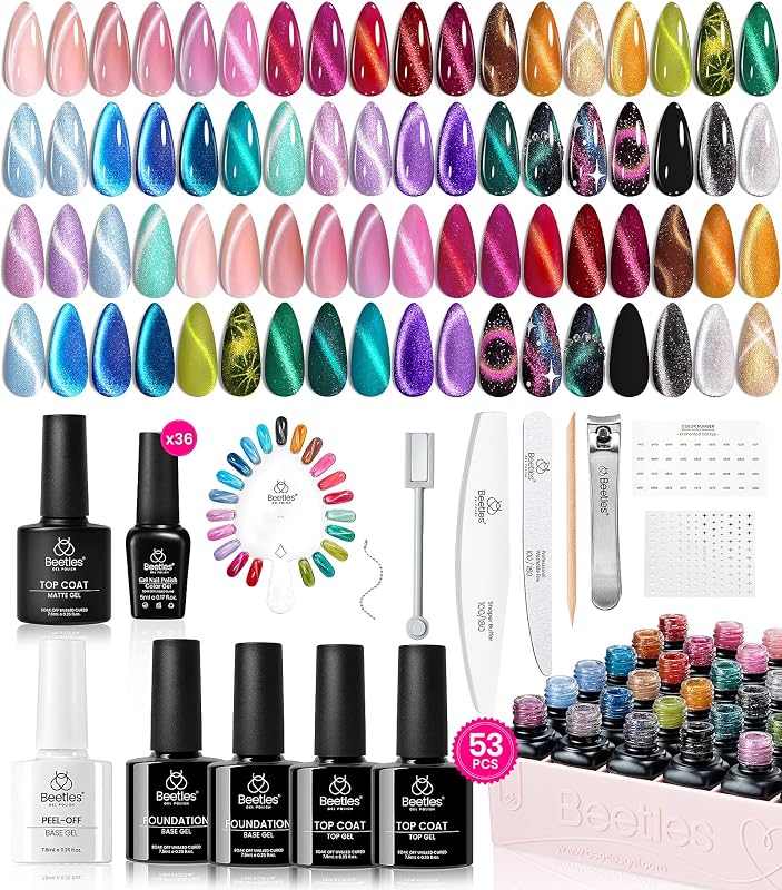 Beetles Cat Eye Gel Nail Polish Set, 36 Colors Magnetic Fall Gel Polish Kit | Magnetic Glitter Red Purple Brown Green Burgundy Base Glossy Matte Top Coat Soak Off UV DIY Salon Nail Art Gift for Women