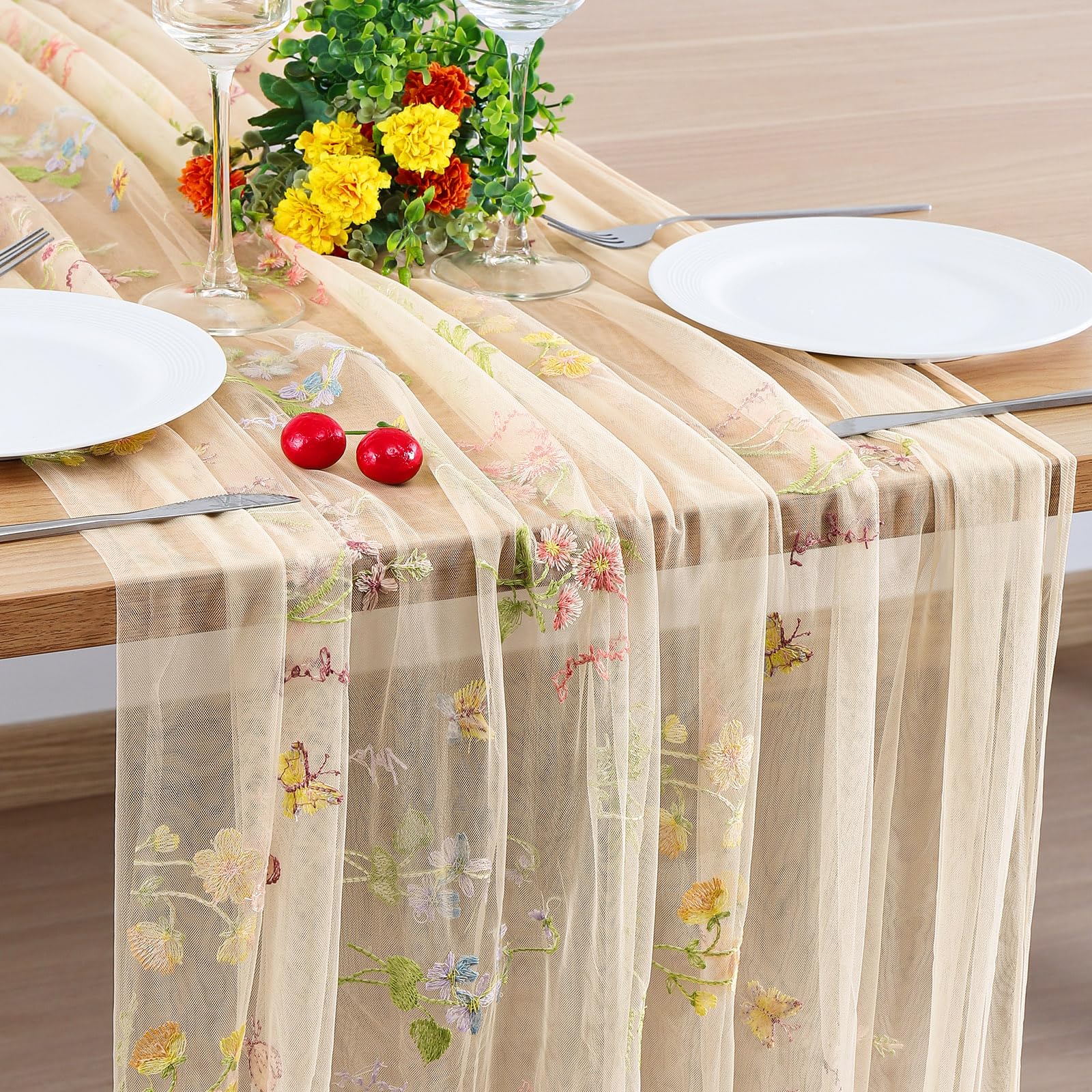 Photo 1 of 10 FT Floral Table Runner, Embroidered Tulle Spring Summer Wildflower Table Runner Seasonal Table Decor for Wedding Bridal Shower Baby Shower Parties, Holiday DIY Kitchen Home Decor