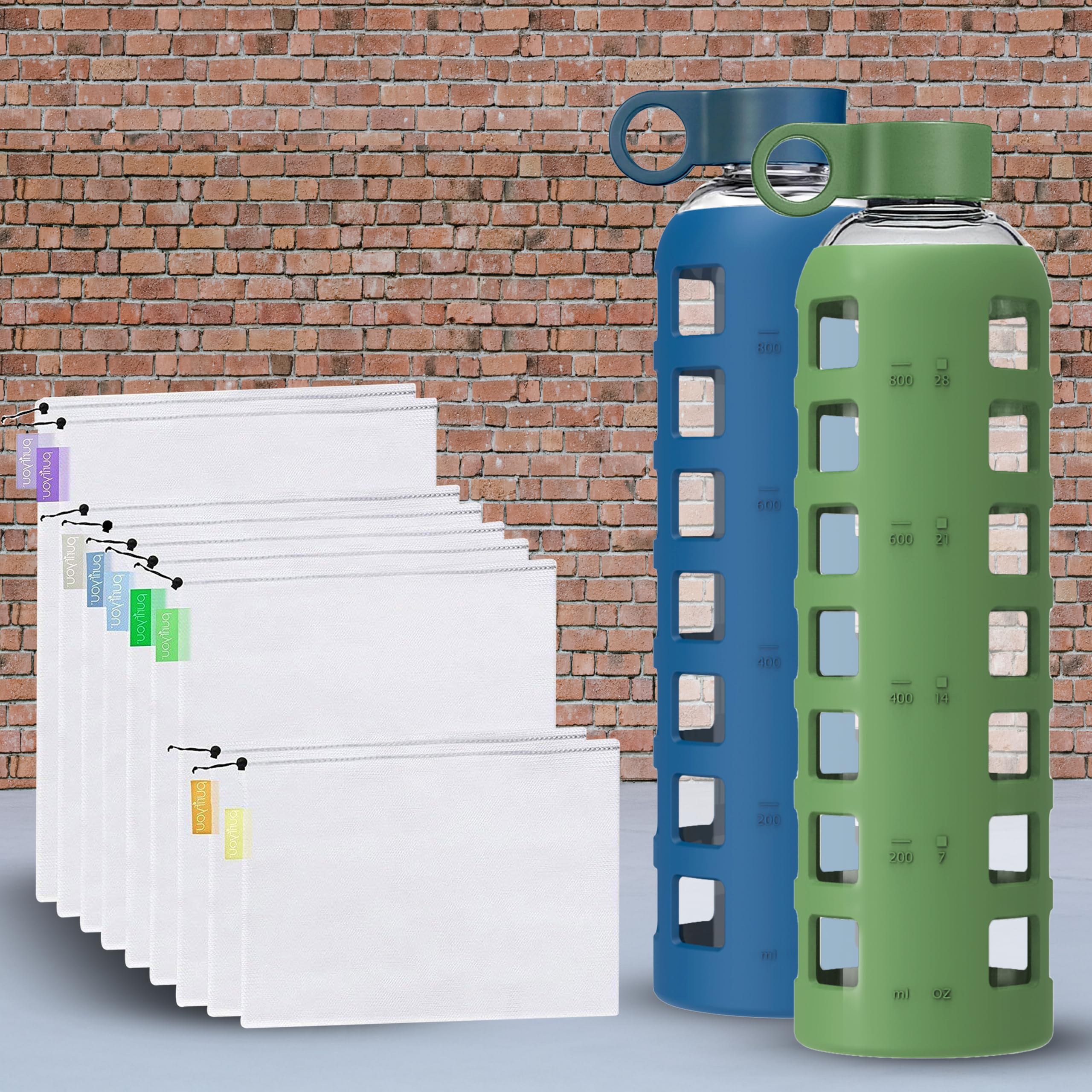 purifyouReusable Produce Bags (Set of 9, XL, Large, Small), Premium 32 oz Glass Bottles with Silicone Sleeve & Stainless Steel Lid in Chinese Porcelain & Shale Green.