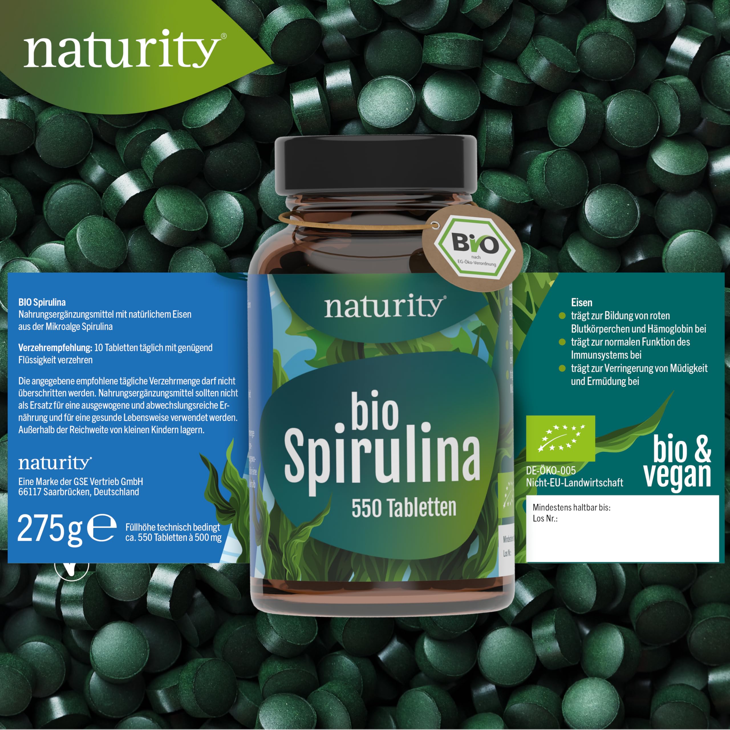 BIO Spirulina Tabletten I 550 Presslinge, 100% gemahlene Spirulina I Mit natürlichem Eisen-Gehalt I Ökologisch kultiviert & Bio-zertifiziert I Vegan, ohne Zusätze & Rückstände I Naturity