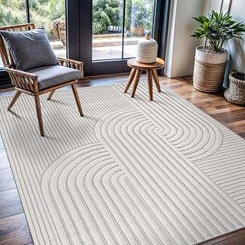 CAMILSON Modern Rug 5x7 Luxury Swirl Curved Micro Loop Area Rugs Soft High-Low Pile Stain Resistant Easy to Clean Non-Shedding Durable Living Room Office Indoor Carpet White