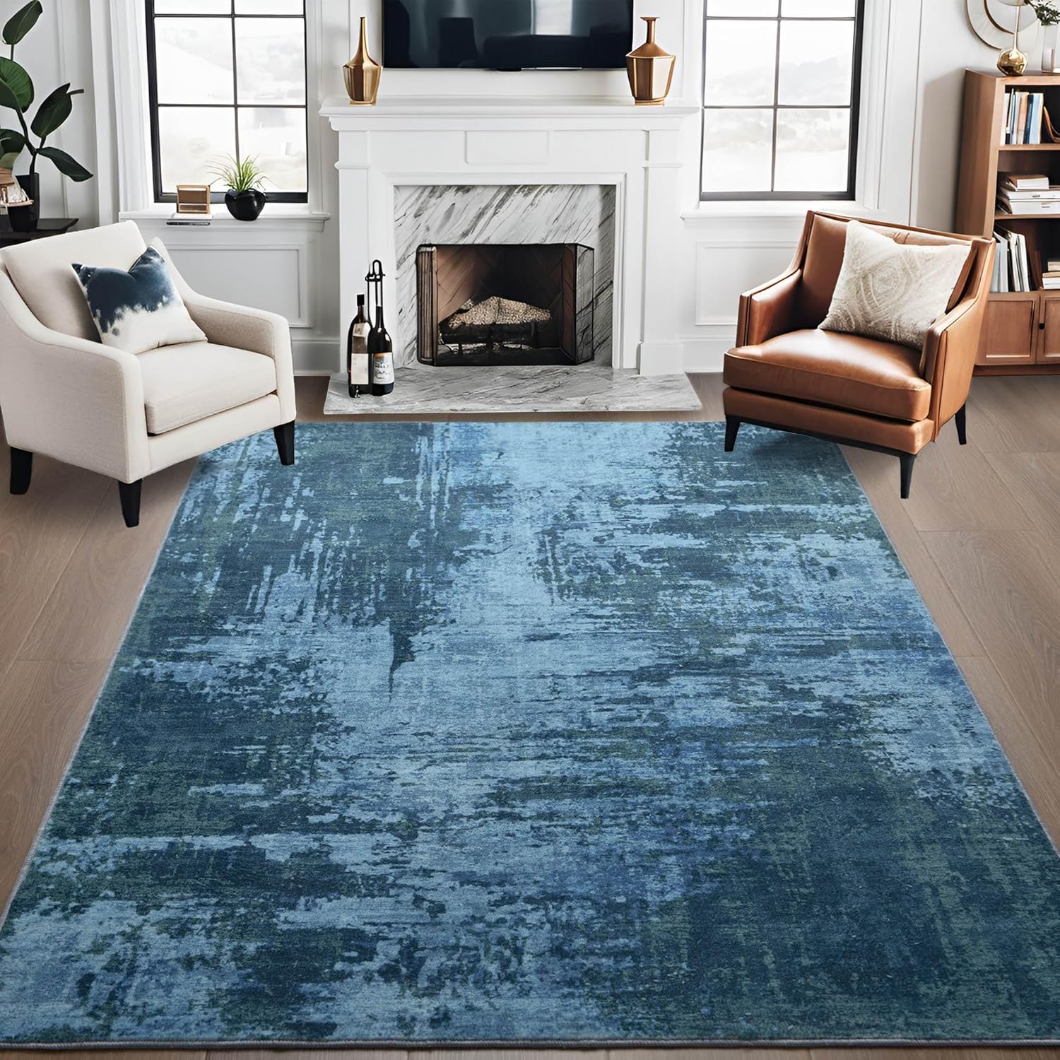Merelax 4x6 Washable Area Rug for Living Room, Blue Boho Abstract Bedroom Area Rugs, Non Slip Entryway Rug, Low Pile Carpet for Kitchen Dining Room Study Office Kids Room