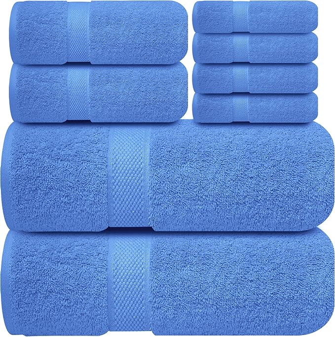 Infinitee Xclusives Premium Bath Towel Set 8-Piece (2 Bath Towels, 2 Hand Towels, 4 Washcloths), Super Absorbent Soft 100% Ring-Spun Cotton for Spa, Gym, Hotel & Bathroom (Eloquent Blue, Towel Set)