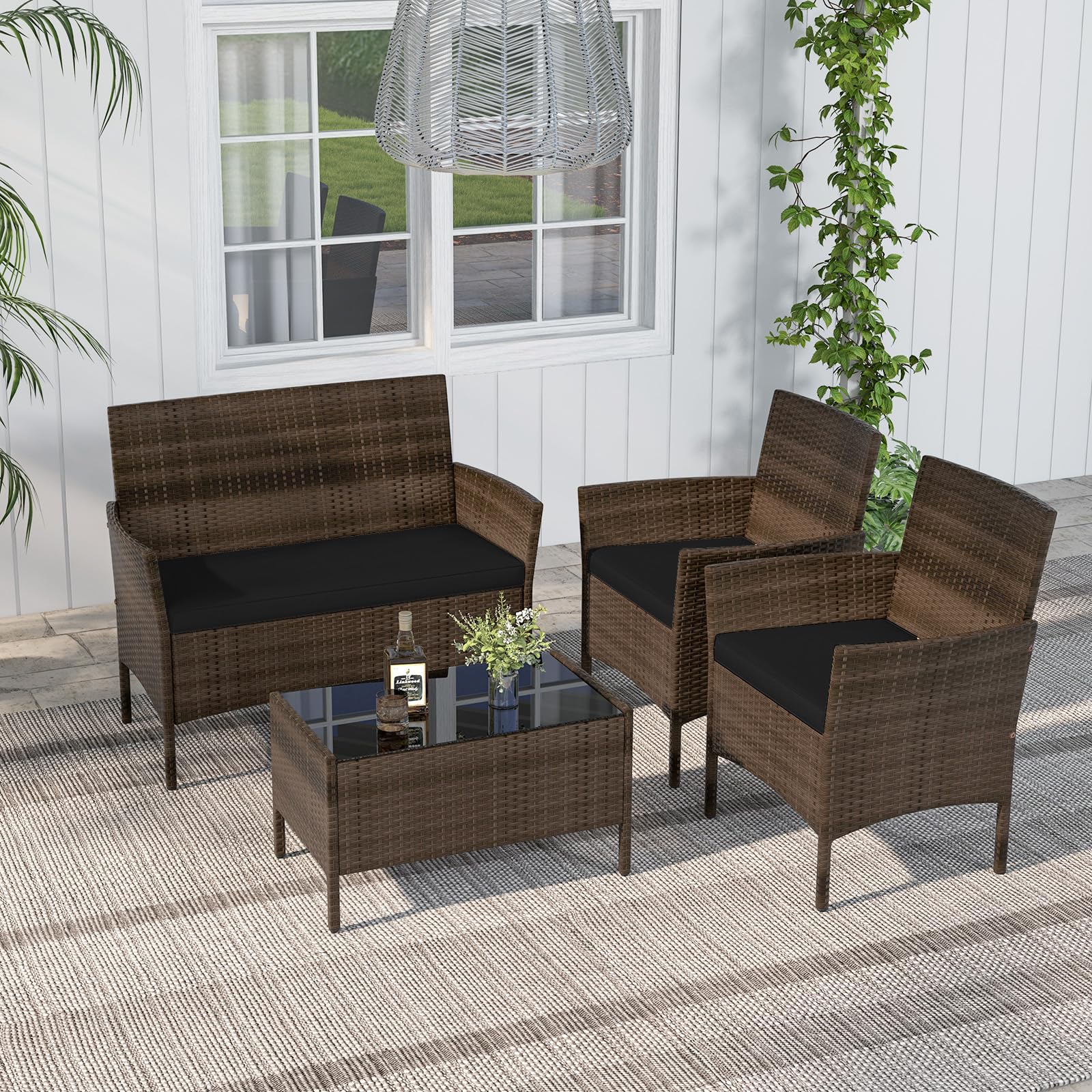 Giantex Set di mobili da giardino in rattan, 4 pezzi, con divano a 2 posti, tavolo e 2 sedie, mobili da terrazza con cuscini per 4 persone, per esterni, per balcone, terrazza e giardino (nero)