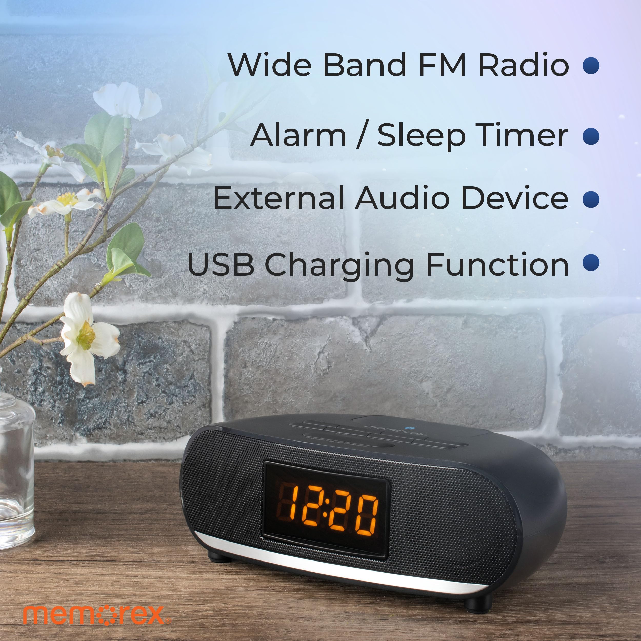 Memorex MX-CR160 - Radio reloj Bluetooth con carga USB, radio FM PLL con 20 preajustes, alarma dual, repetición, temporizador de sueño, pantalla LED de 0.9 pulgadas, respaldo de batería, reloj