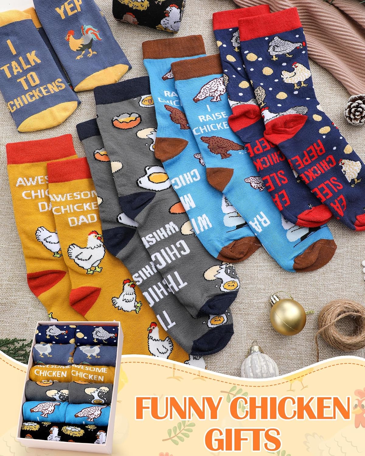 6 Pairs Novelty Chicken Socks for Men Fun Farmhouse Rooster Hen Cotton Crew Socks Chicken Gifts