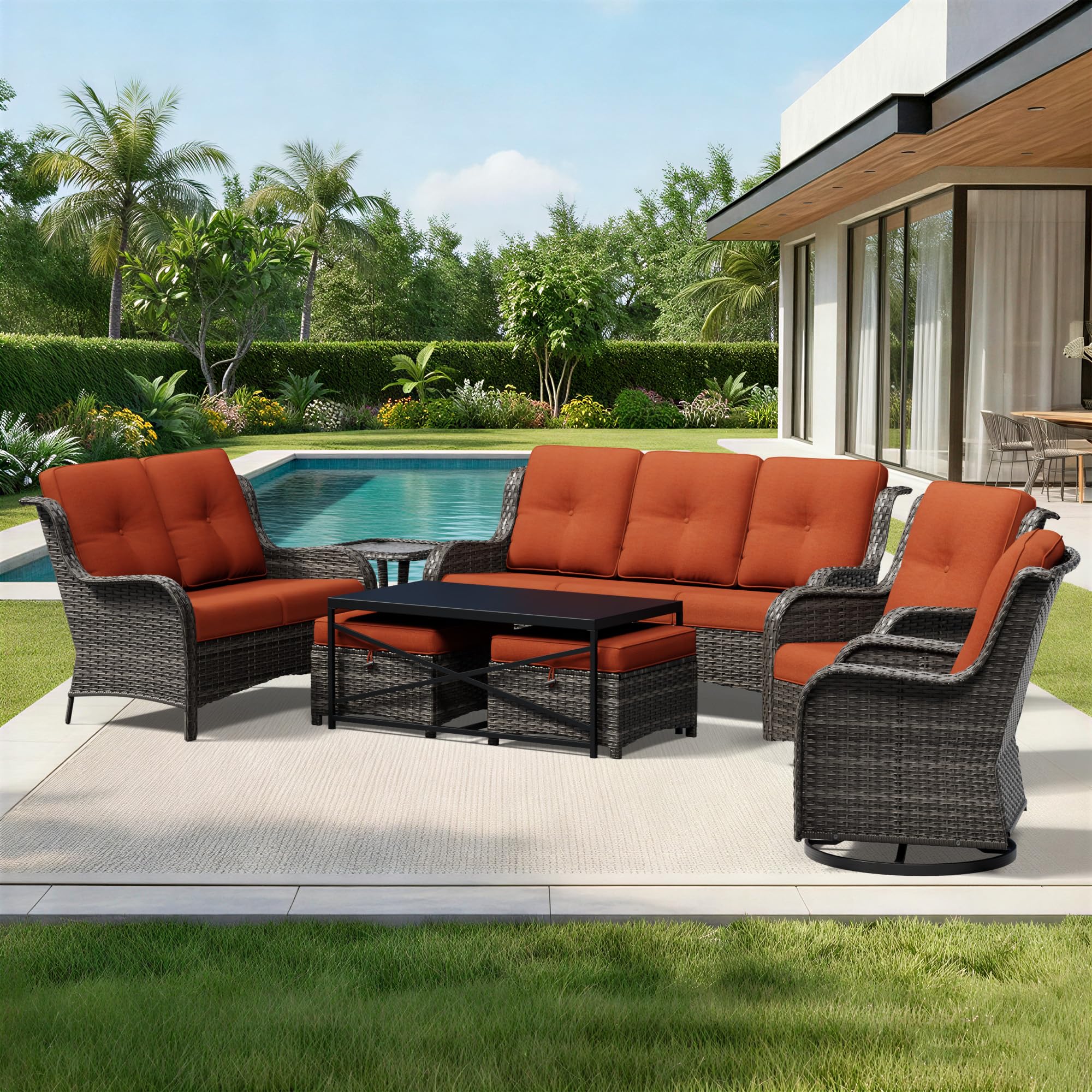 Joyside 8 Piece Wicker Patio Furniture Set, Outdoor Swivel Rocker Patio Chairs with High Back, Deep Seating, Wide Armrest, Thickened Cushions, Outdoor Furniture for Deck, Porch Use