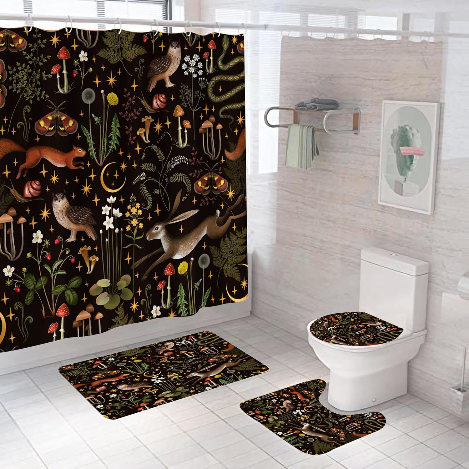 4Pcs Fairy Rustic Forest Shower Curtain Sets, Boho Mushroom Woodland Wild Animals Bathroom Decor with Non-Slip Rugs, Toilet Lid Cover and Bath Mat, Waterproof Shower Curtains with Hooks, 72 x 72 Inch