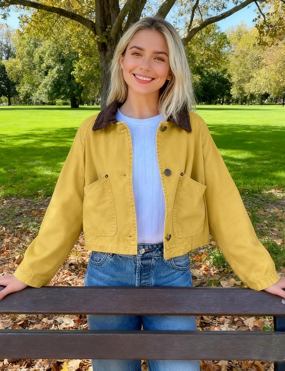 APAFES Women's Cropped Barn Jacket Corduroy Collar Button Down Long Sleeve Short Coat with Pockets - Image 5