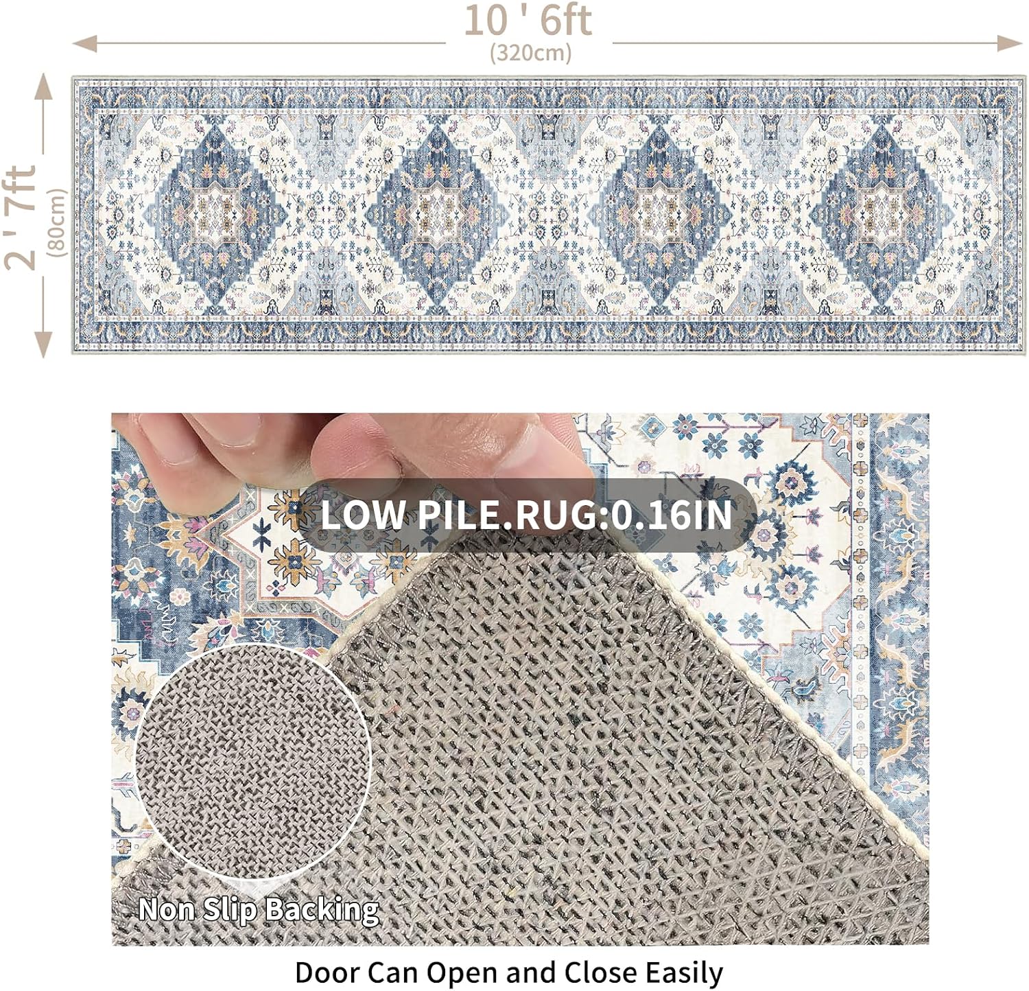 Enkor Runner Rugs for Hallway, 2.6x10.5 Washable Soft Non Slip Floor Rugs for Kitchen, Modern Mat for Living Room Bedroom Entryway Blue & White