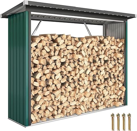 Outsunny Casetilla para Leña de Acero Galvanizado con Base Elevada y Techo Inclinado Cobertizo Leñero Exterior de Almacenamiento de Troncos 213x66,5x150 cm Verde