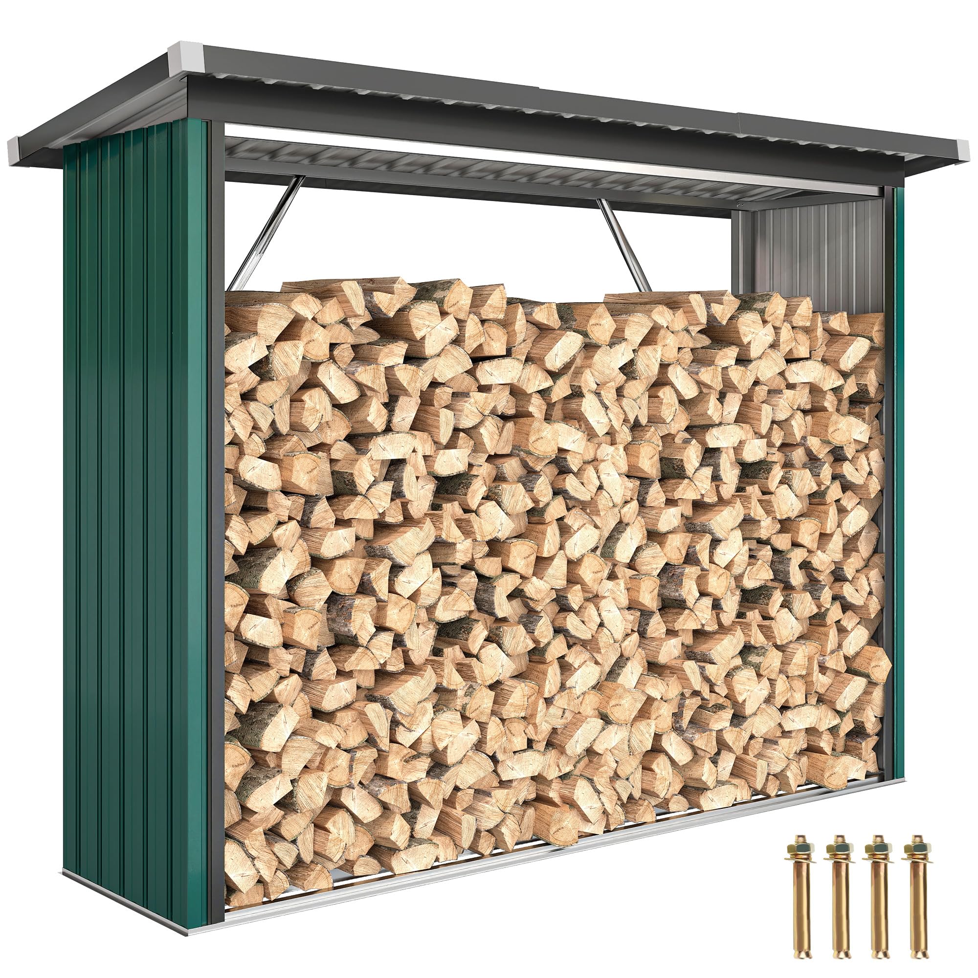 Outsunny Alberi Coperto in Acciaio Zincato, Supporto per Legna di Riscaldamento Robusto, Montaggio Rapido, Mensola per Legni Esterni Piano Alto Tetto Inclinato, 213 x 66,5 x 150 cm, Verde