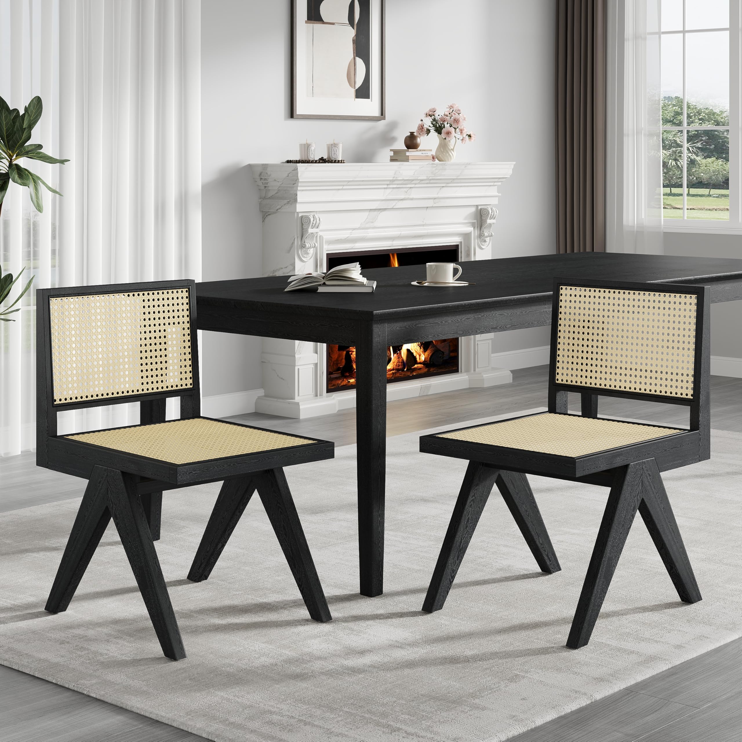 Dining Chair Set of 2, Kitchen Side Chairs with Solid Wood Frame, Breathable Rattan Seat & Backrest, 300 Lbs Heavy Duty,Wooden Armless Chairs for