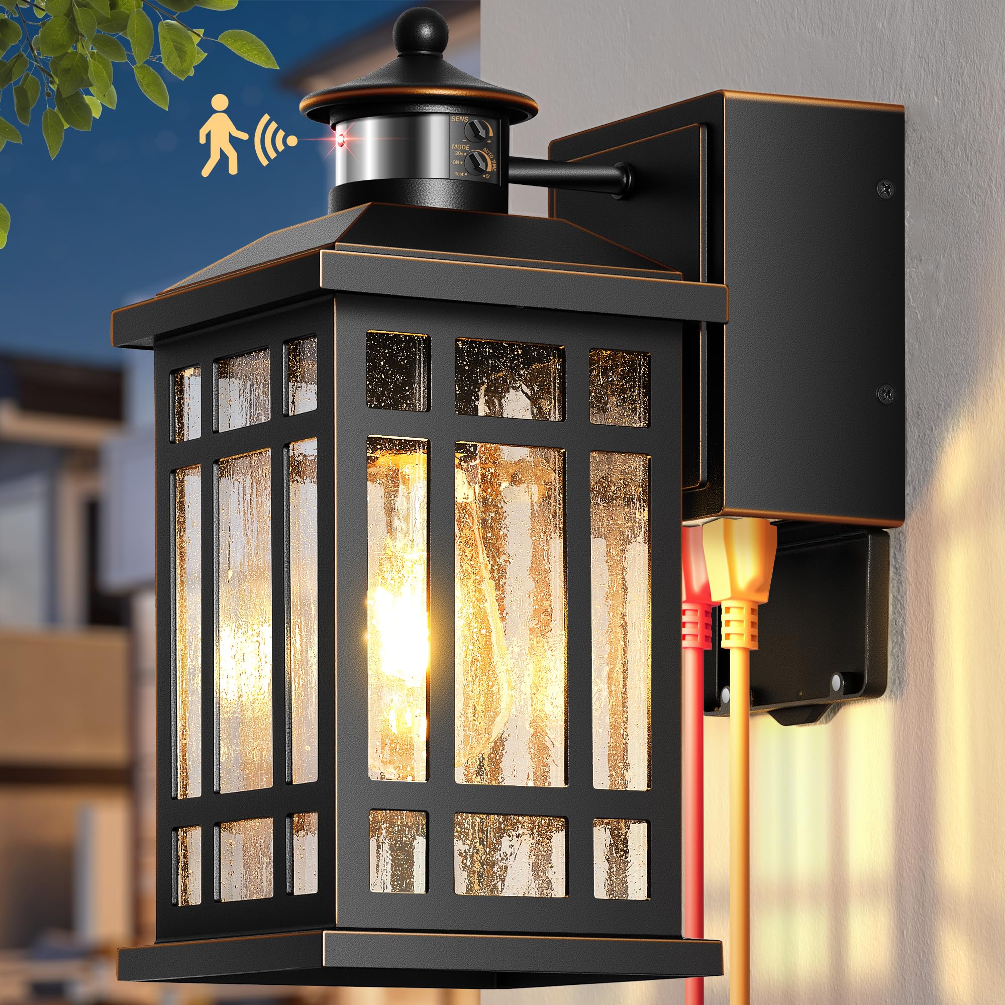 Outdoor Wall Lighting with GFCI Outlet, Modern Black Exterior Light Fixtures with Gold Trim, Aluminum Anti-Rust Outside Lights for House, Porch, Garage, Adjustable Sensitivity &amp; Brightness