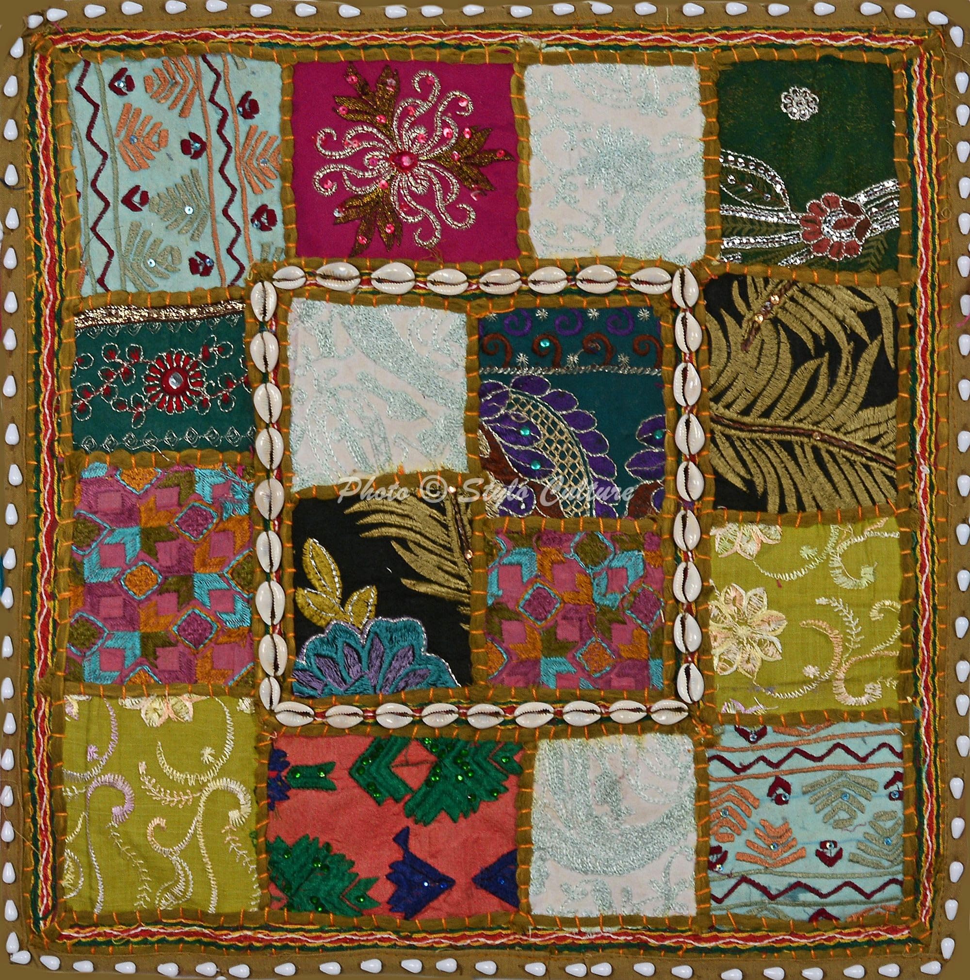 Bohemien Dekorativ Baumwolle Sofa Kissenbezüge 40x40 cm Olivgrün Dekokissen Gesticktes Patchwork Wohnzimmer Couch Kissenhullen Blumen Quadrat Umschlagverschluss Kissen Bezüge - 4 STK.