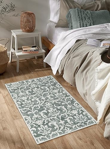 Miniatura 6 de Alfombra vintage de 2 x 3 pies con parte trasera de goma lavable, alfombra de entrada floral antideslizante, alfombra de puerta delantera, alfombra