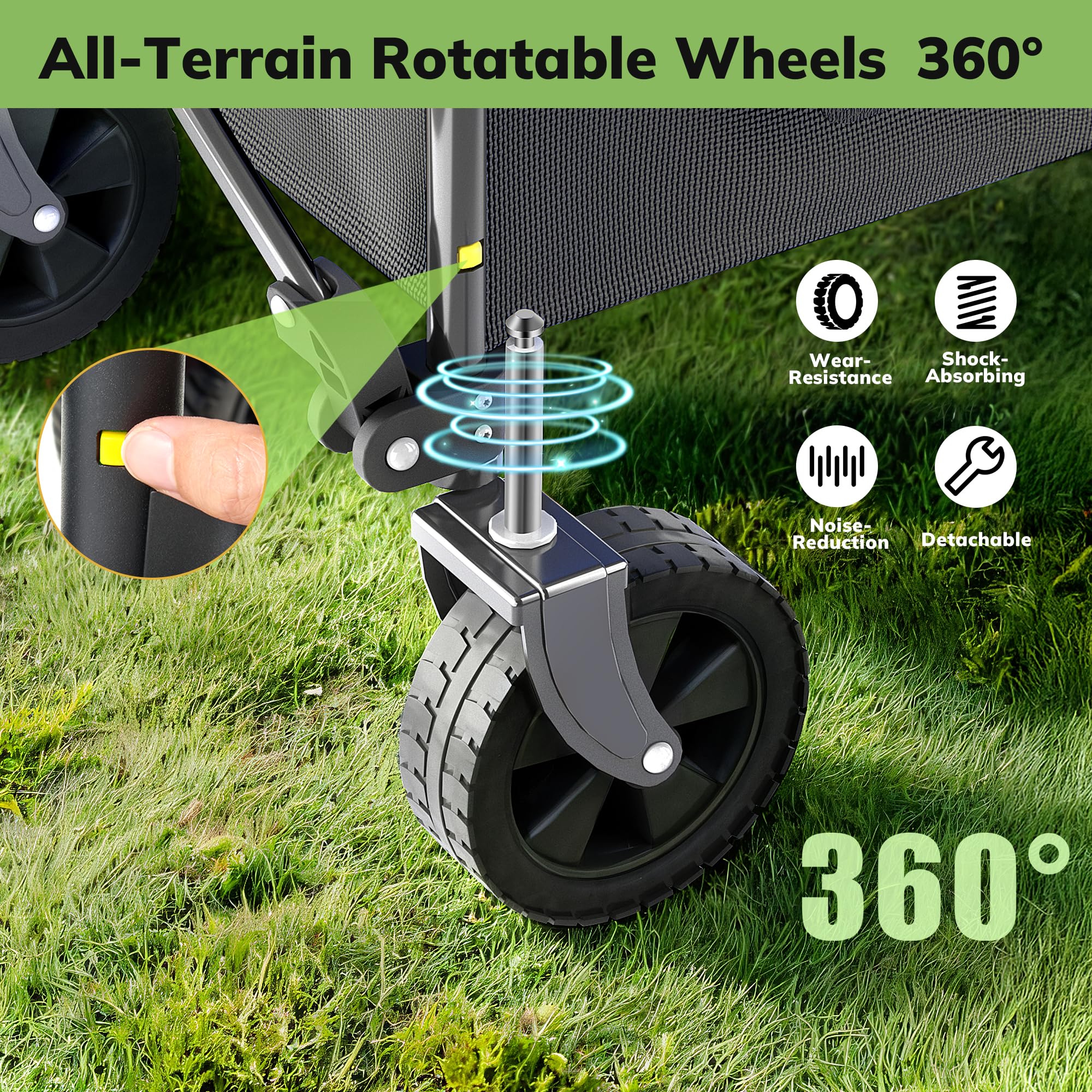 Morpilot Carrello Pieghevole Resistente con Ruote, Carrello Fuoristrada per Giardinaggio, Campeggio, Shopping, Spiaggia e Sport all'aperto, Nero, Capacità Massima 220 Litri e 150 kg