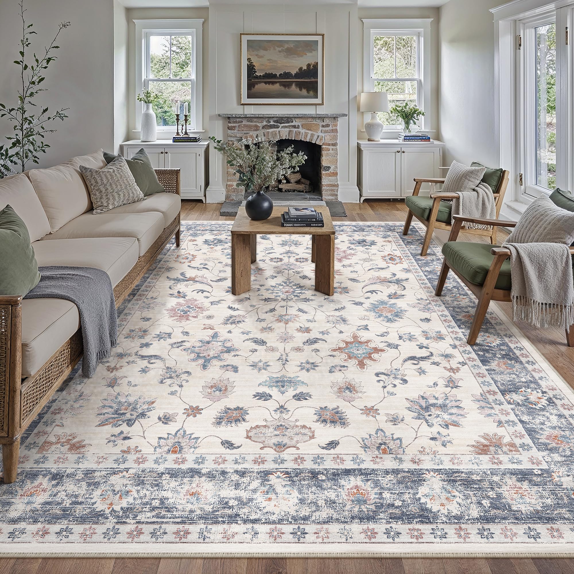 PureCozy Teppich Wohnzimmer Waschbarer Blumenmuster kurzflor rutschfest Weich Bumen Boho Vintage Teppiche
