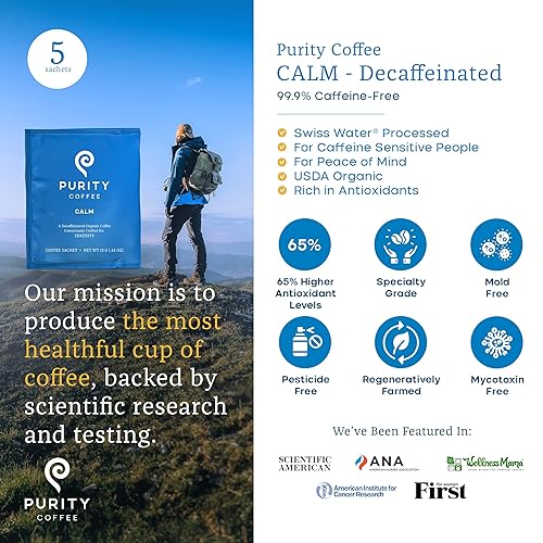 Miniatura 3 de Purity Coffee CALM - Café orgánico descafeinado de tostado medio, certificado por USDA, orgánico de grado especial, paquetes de arábica de una sola