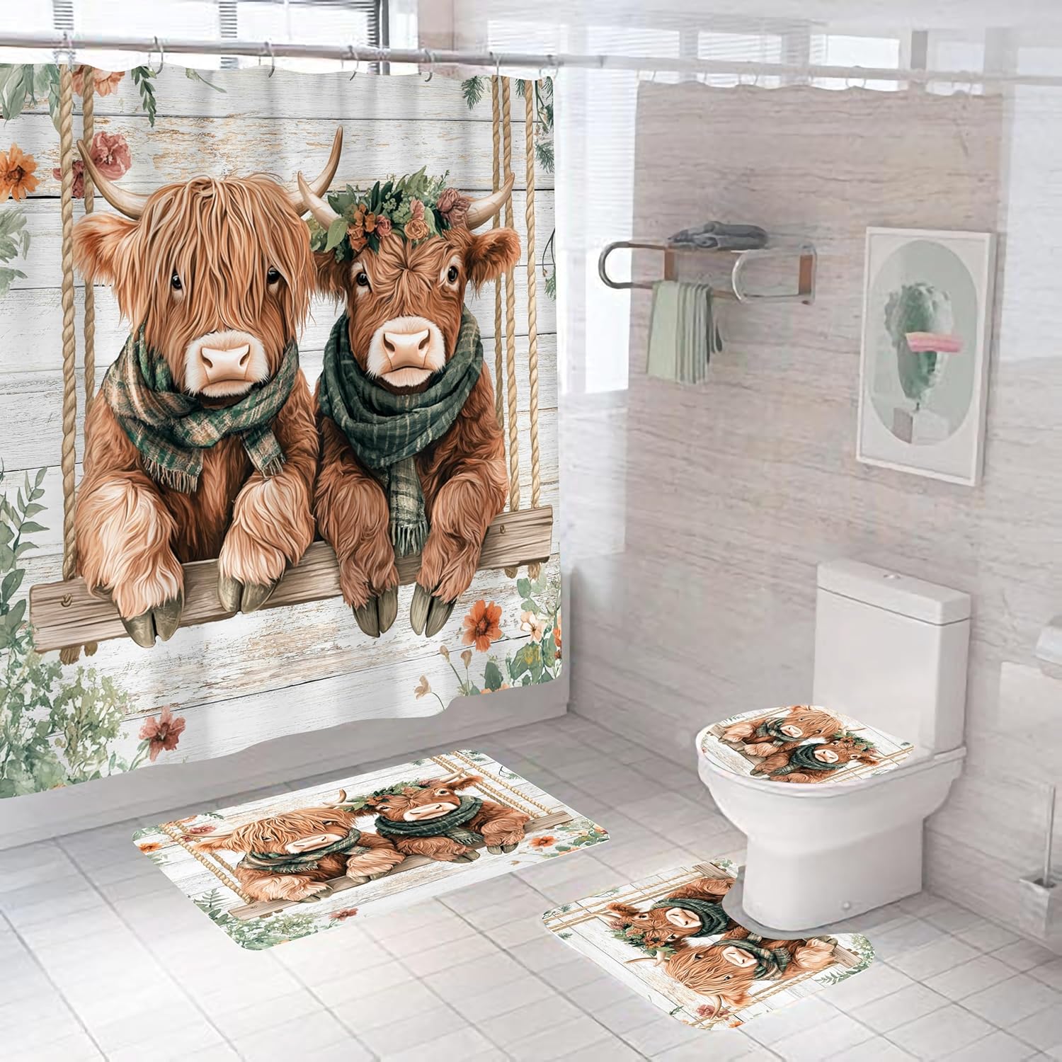 4 Pcs Highland Cow Shower Curtain Sets, Farmhouse Cute Cow Rustic Wooden Waterproof Bathroom Sets with Non-Slip Rugs, Toilet Lid Cover and Bath Mat, Accessories Home Bathroom Decor 72" X 72"