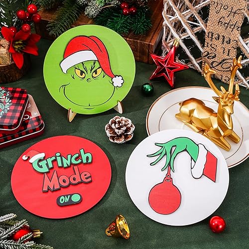 Miniatura 3 de Whaline 6 carteles de Navidad con diseño de personajes de dibujos animados 3D letrero de madera redondo con caballete para decoración de bandeja de
