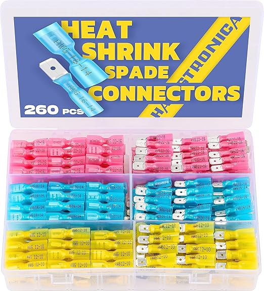Haisstronica 260PCS Heat Shrink Spade Connectors - Quick Disconnect Female & Male Spade Terminals for Watercraft, Electronics & Automotive